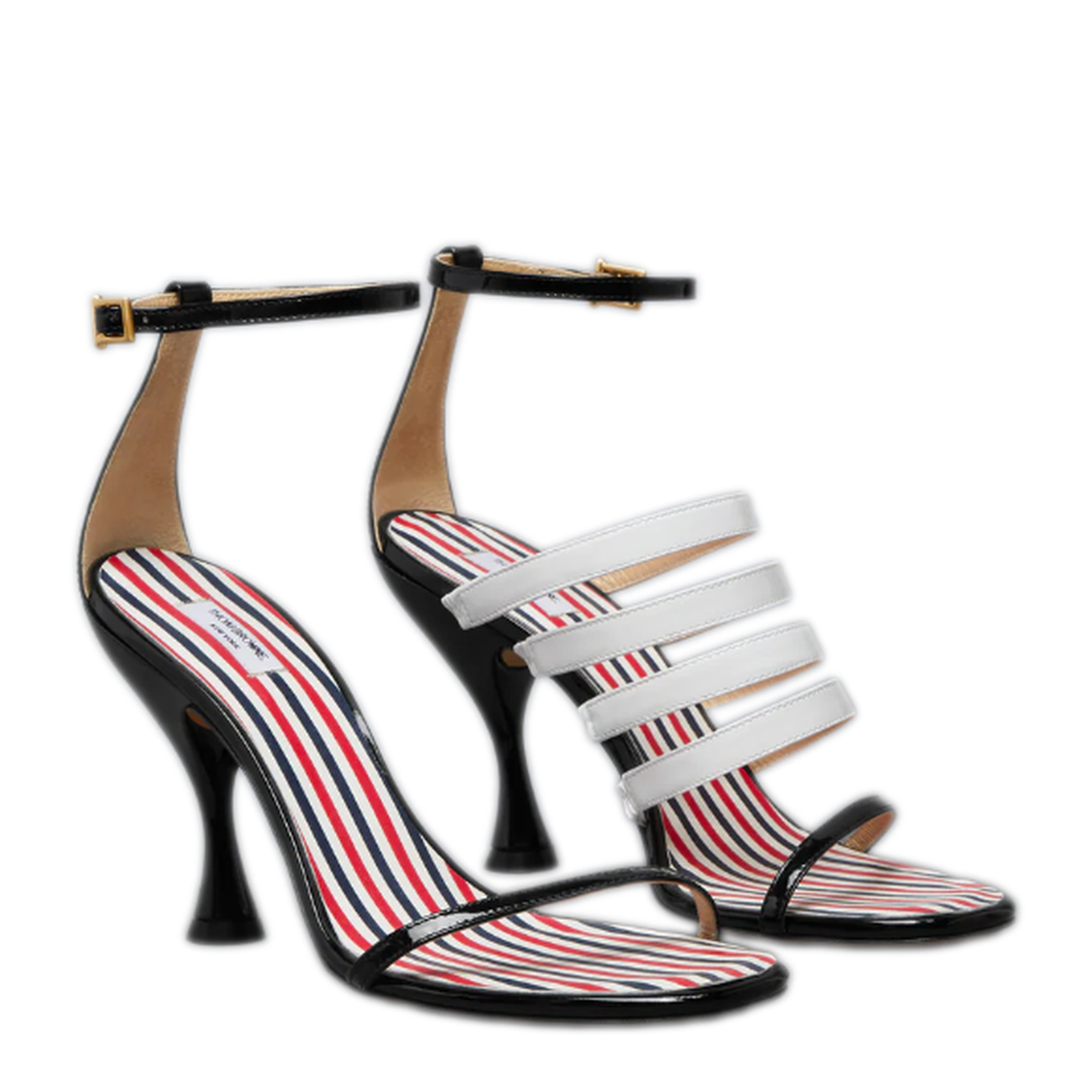 MAYFEYR - Thom Browne - 4 Bar Strappy Heel Sandal W/ 90Mm Round Curved Heel In Soft Patent Leather - FFA007A00216980