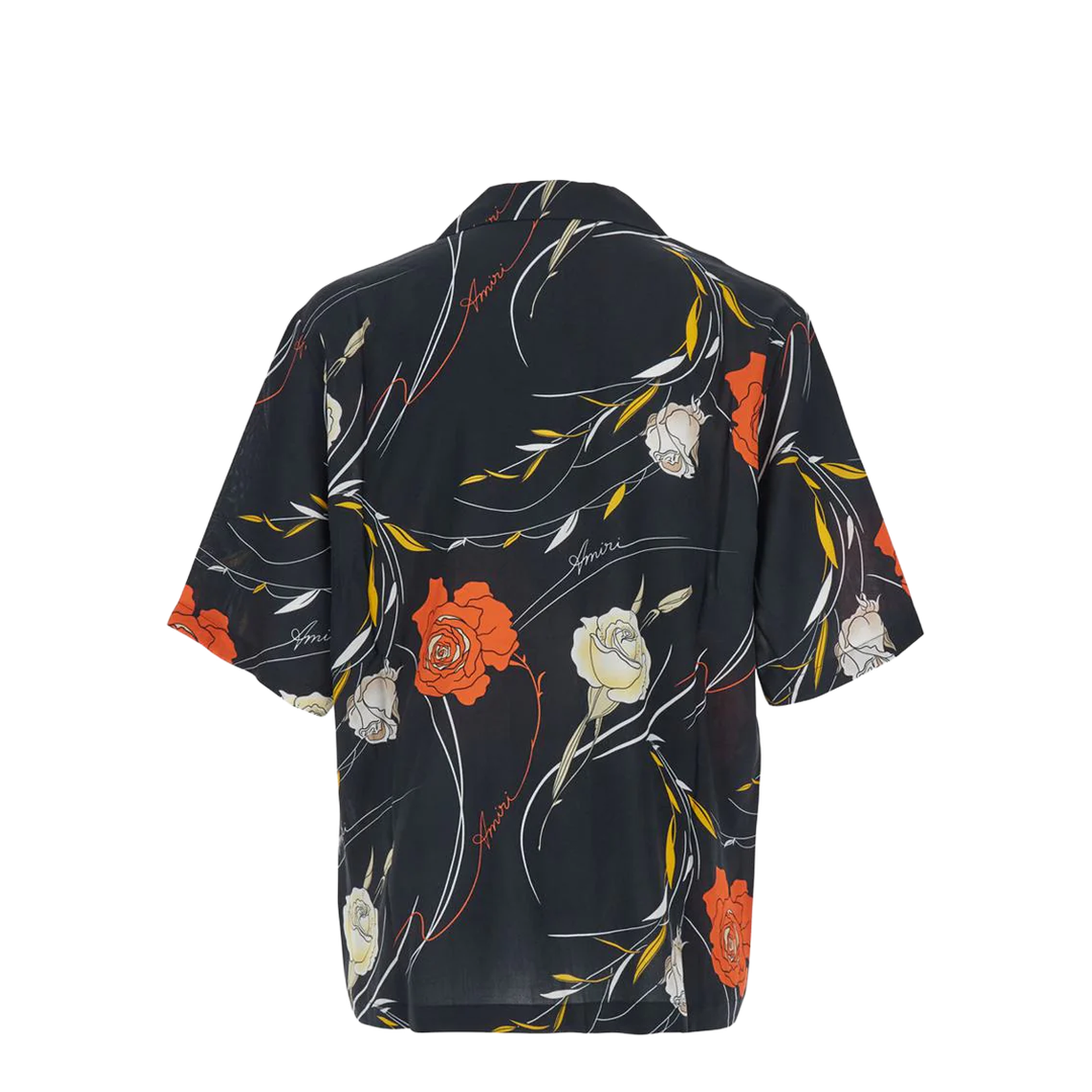 Black Bowling Shirt With Cuban Collar And All-Over Floral Motif In Viscose