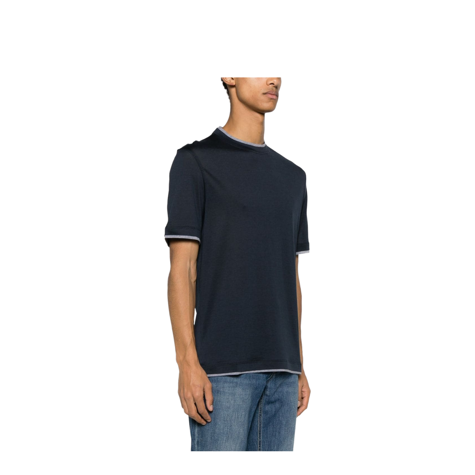 Short Sleeves Grey Contrast Crewneck Silk Trim