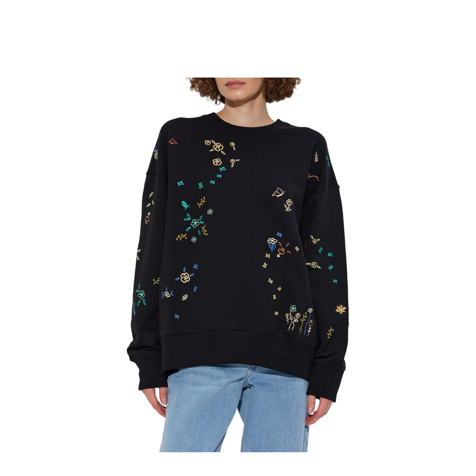 Black Multicoloured Floral Embroidery Crew Neck Long Sleeves Ribbed Cuffs and Hem Relaxed Fit