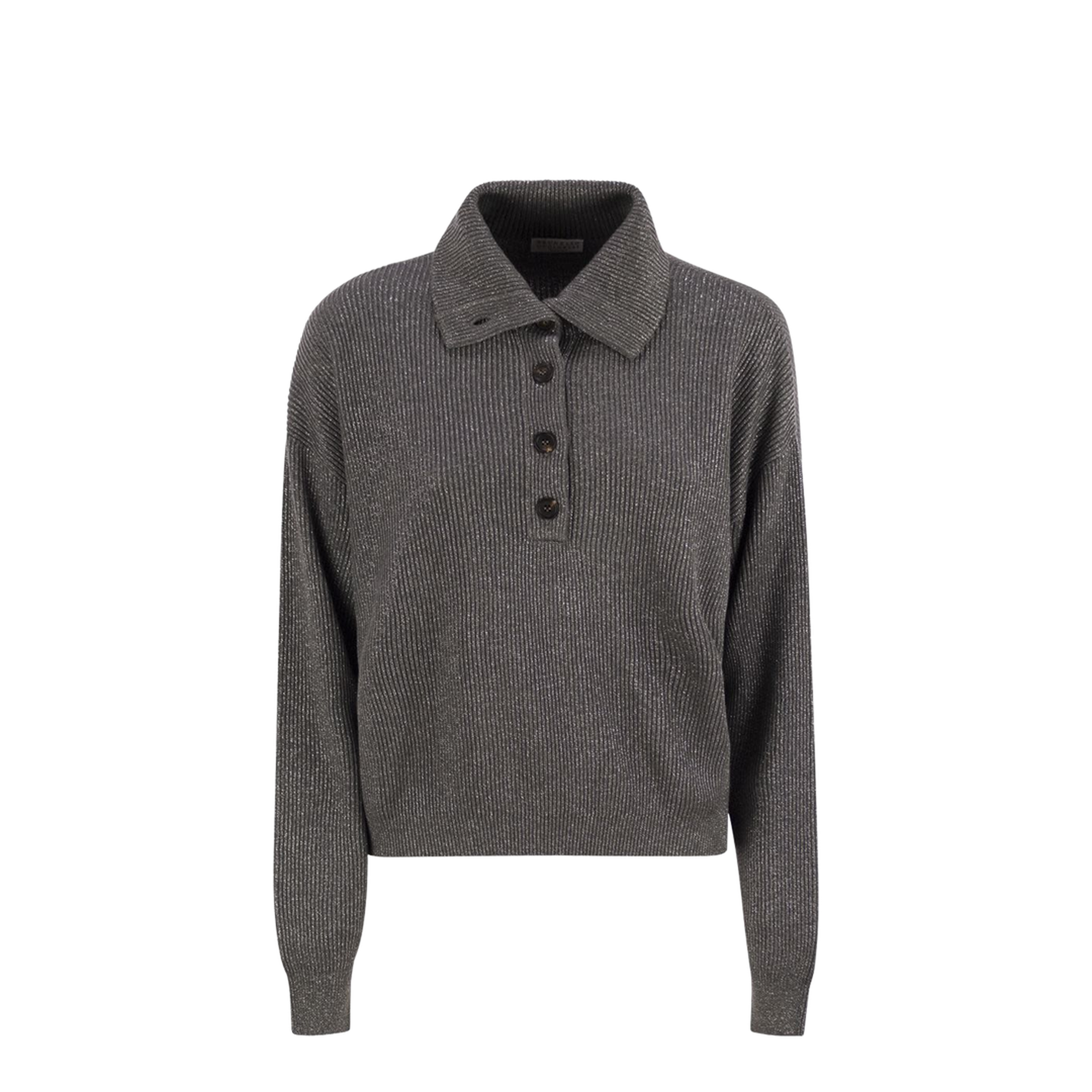 Cotton and Viscose Rib Knit High Collar