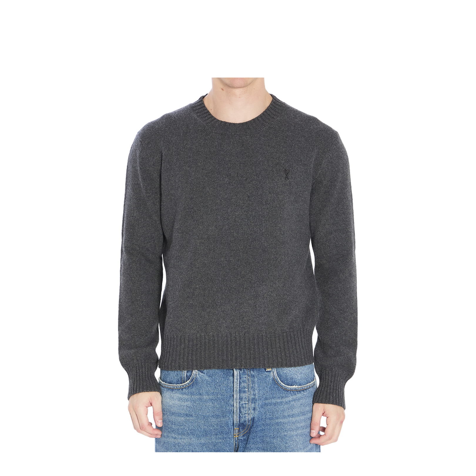 Grey Crew-Neck Sweater with Ribbed Trims