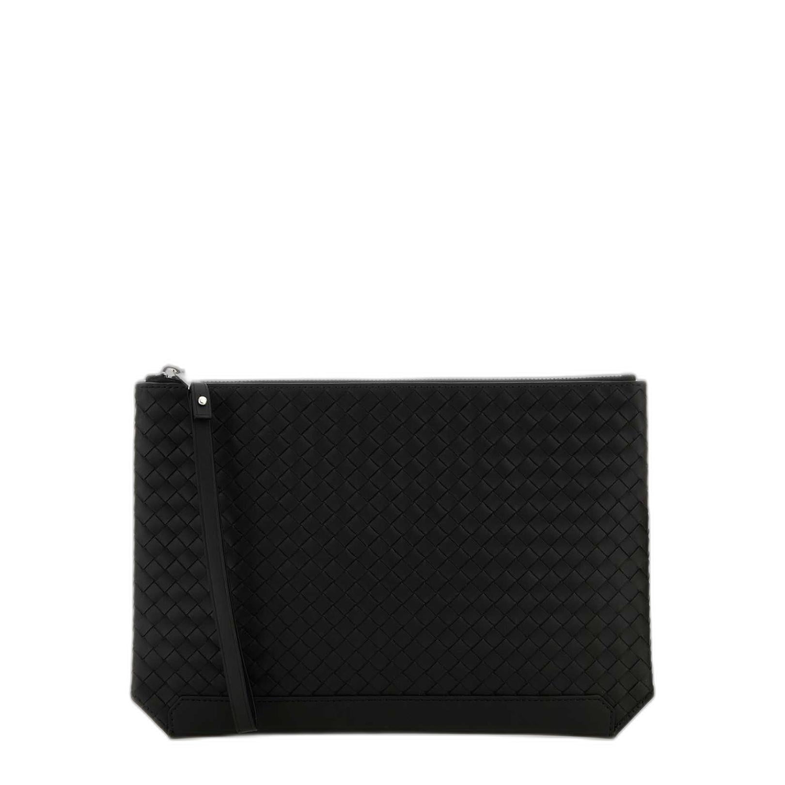 Black Leather Intrecciato Clutch