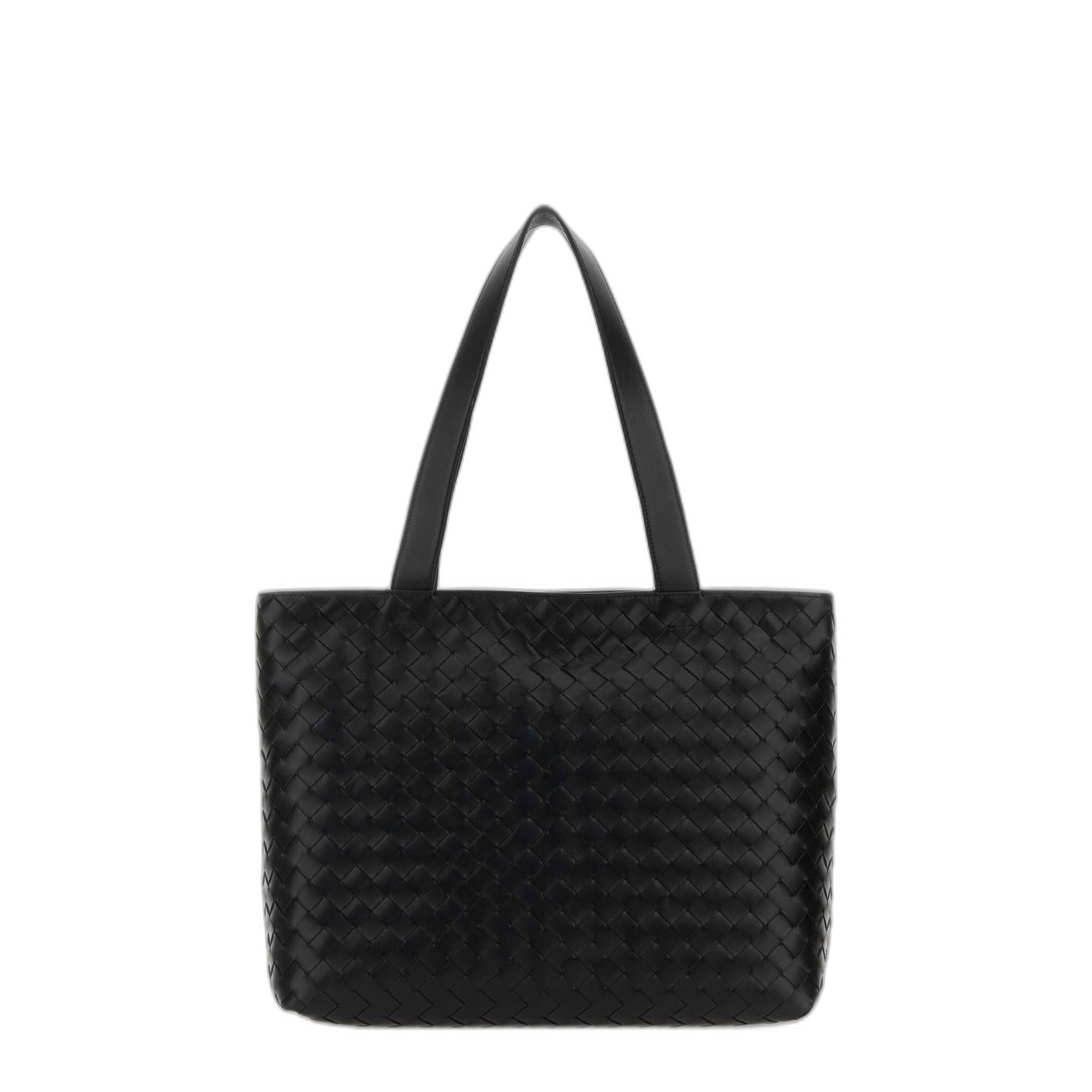 Black Leather Small Intrecciato Shopping Bag