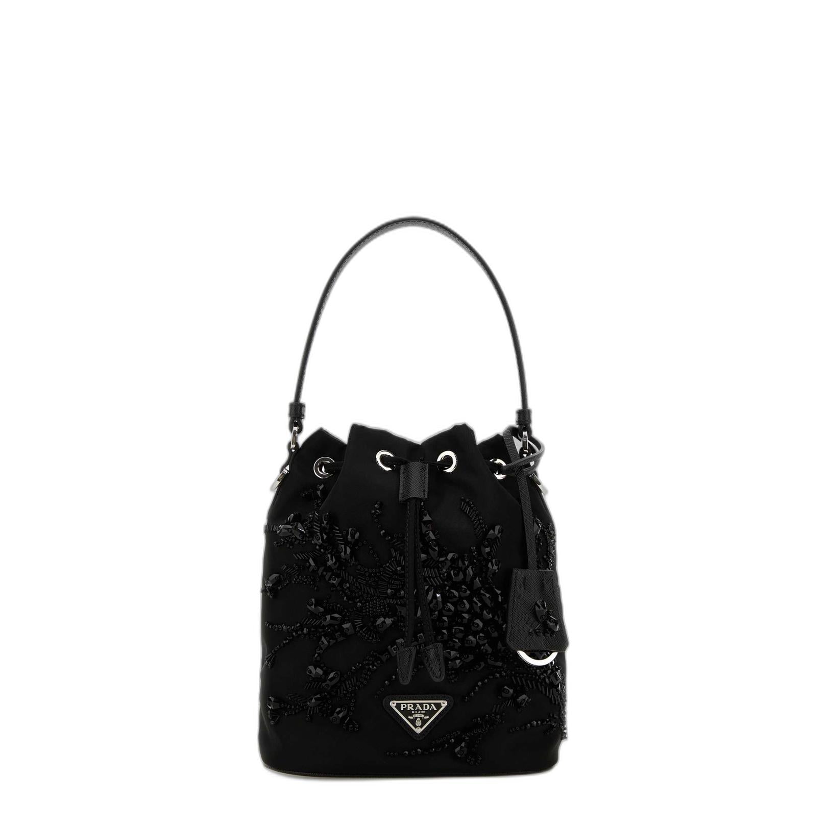 Prada Re-nylon Bucket Bag With Ramage Embroidery - Black