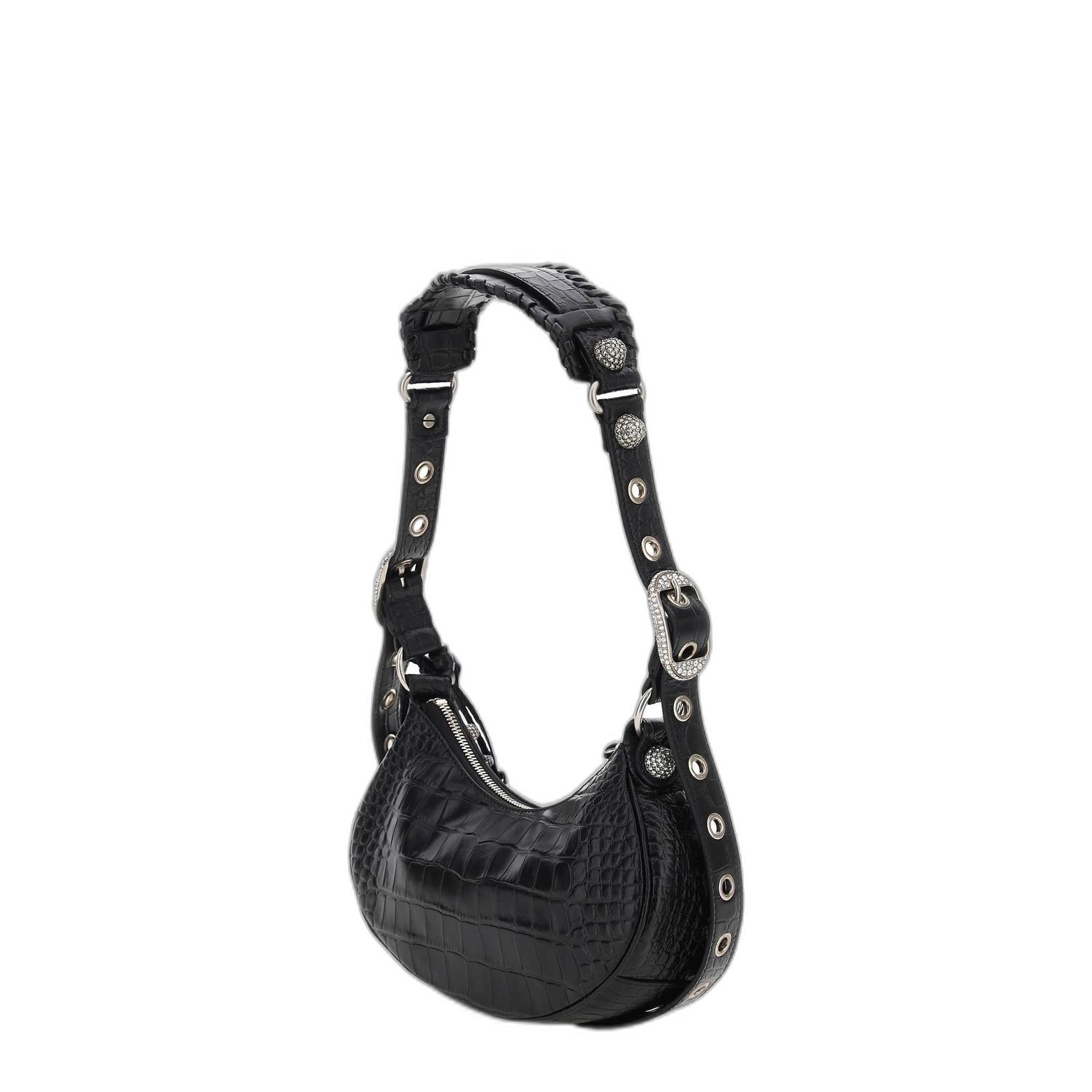 Le Cagole Xs Shoulder Bag in Black Crocodile Embossed With Rhinestones