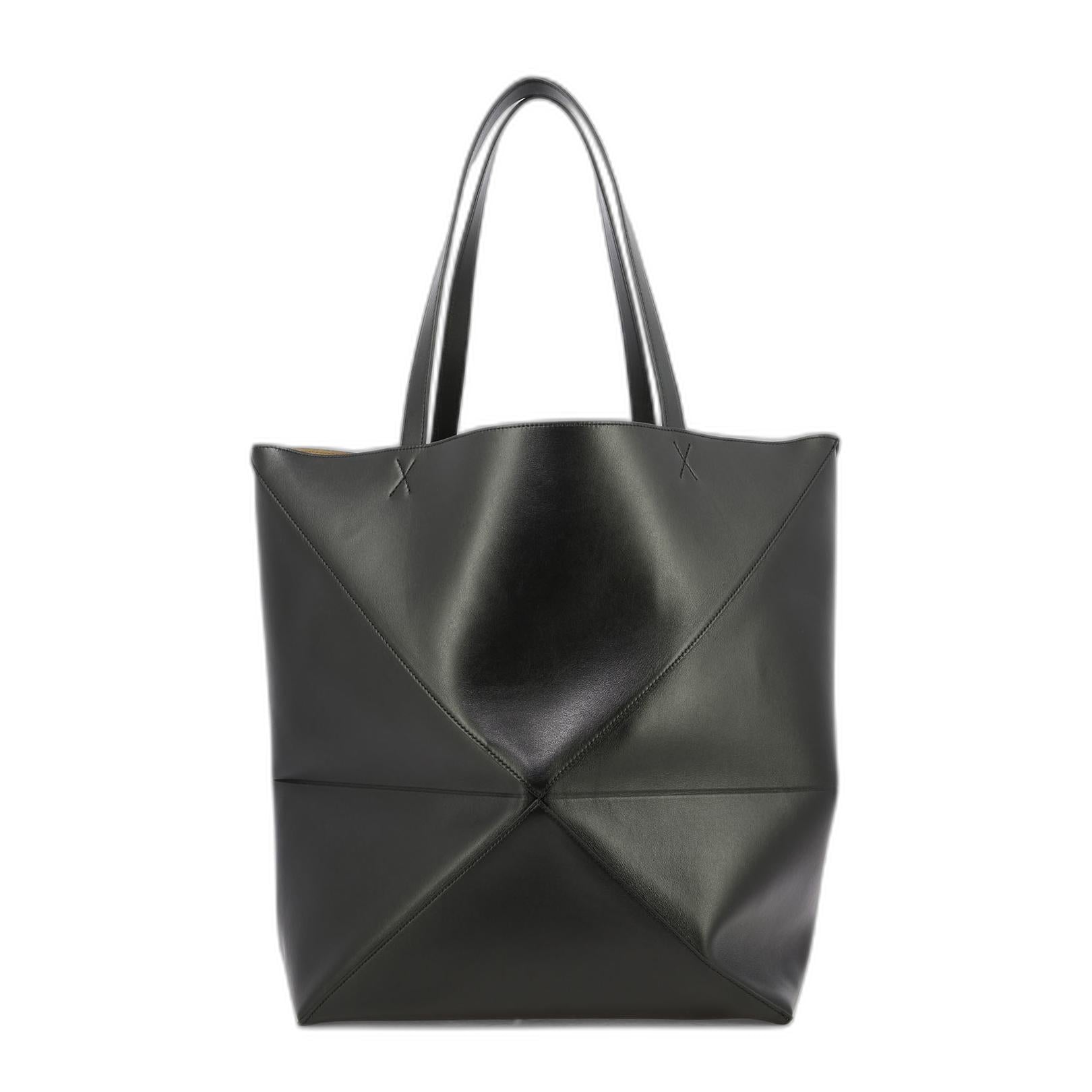 Puzzle Fold XL Leather Tote Bags - Black