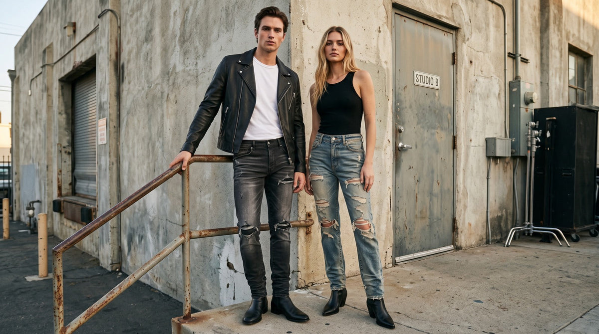 Male and female models wearing black and blue AMIRI distressed jeans with leather and simple fitted tops.