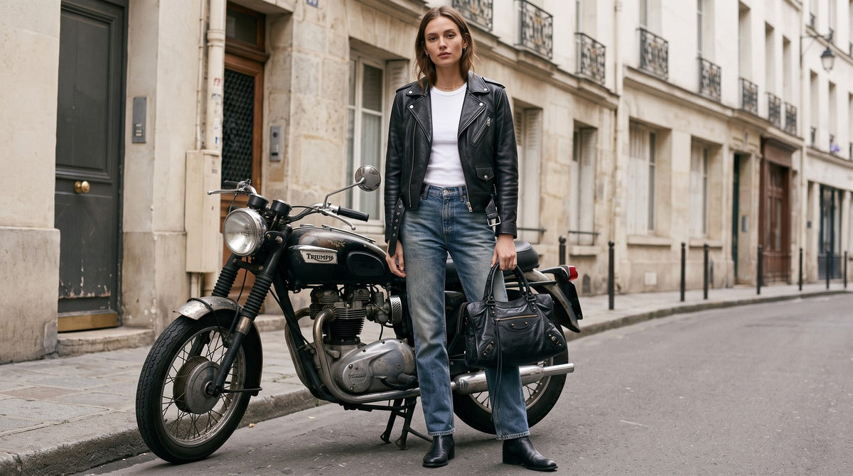 Woman holding a black Balenciaga City bag with leather tassels, styled with a leather jacket and jeans beside a vintage motorcycle.