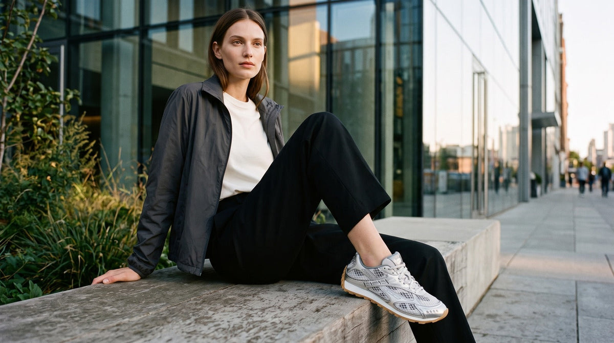 Woman wearing silver and white Bottega Veneta Orbit sneakers with a charcoal jacket and relaxed black trousers.