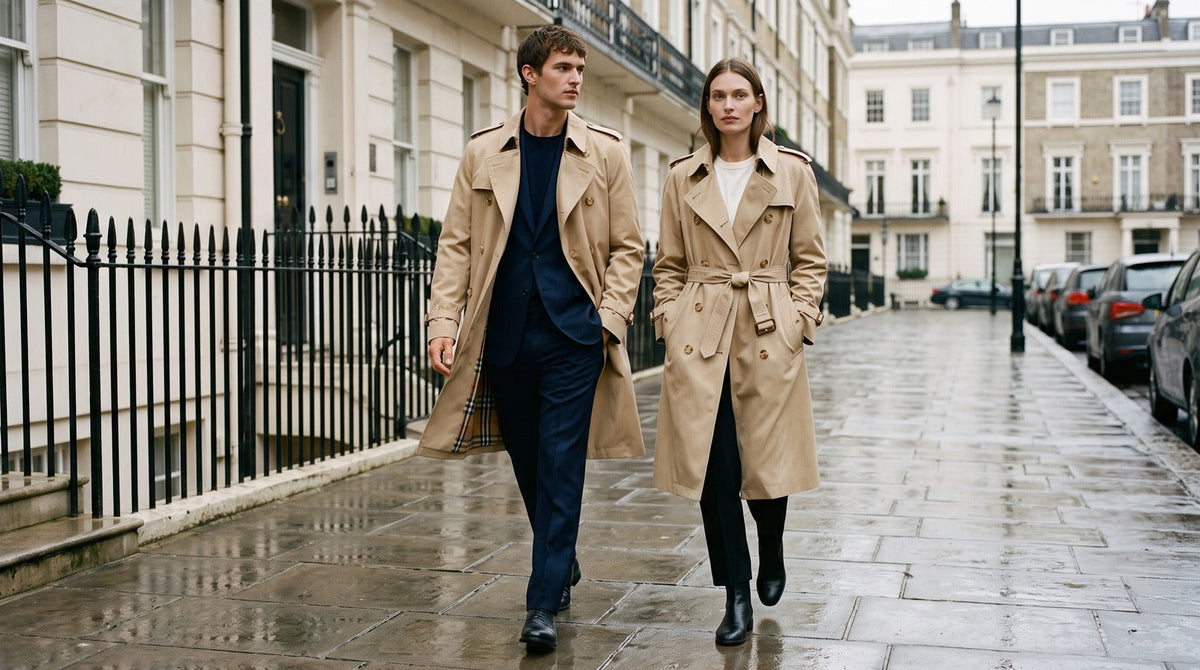 Male and female models wearing honey-beige Burberry trench coats on a rain-damp London street.