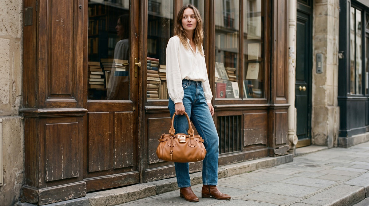 Woman carrying a tan leather Chloé Paddington bag with a brass padlock, styled with an ivory blouse and blue jeans.