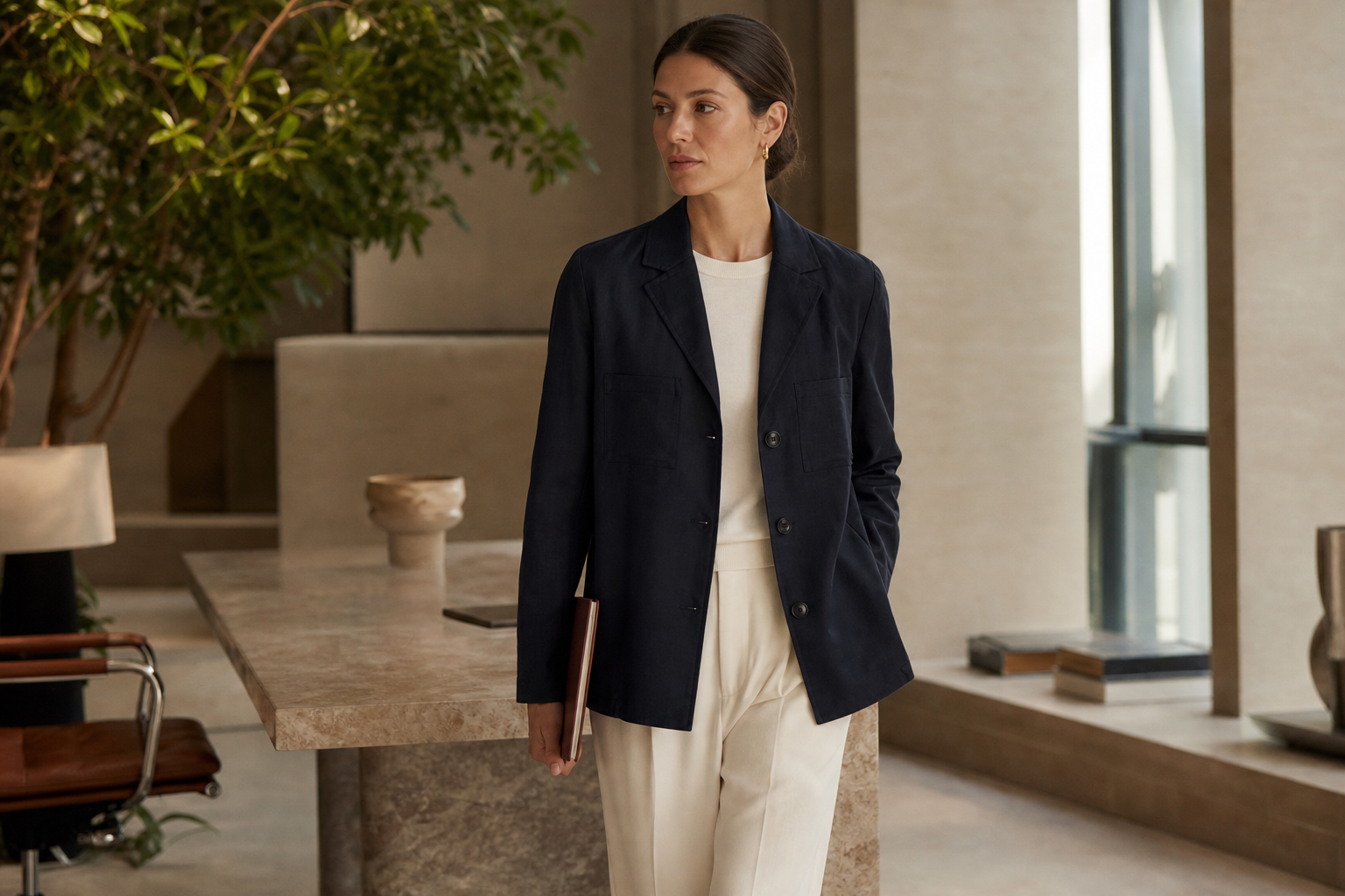 Woman wearing Prada ballerinas with relaxed tailoring on an urban walkway