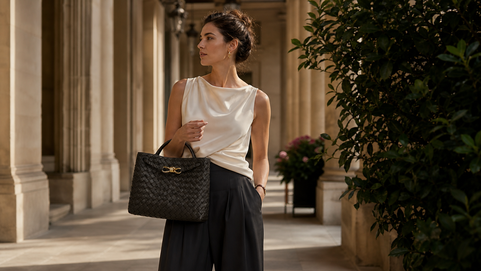 Woman carrying a dark woven handbag with ivory and charcoal tailoring