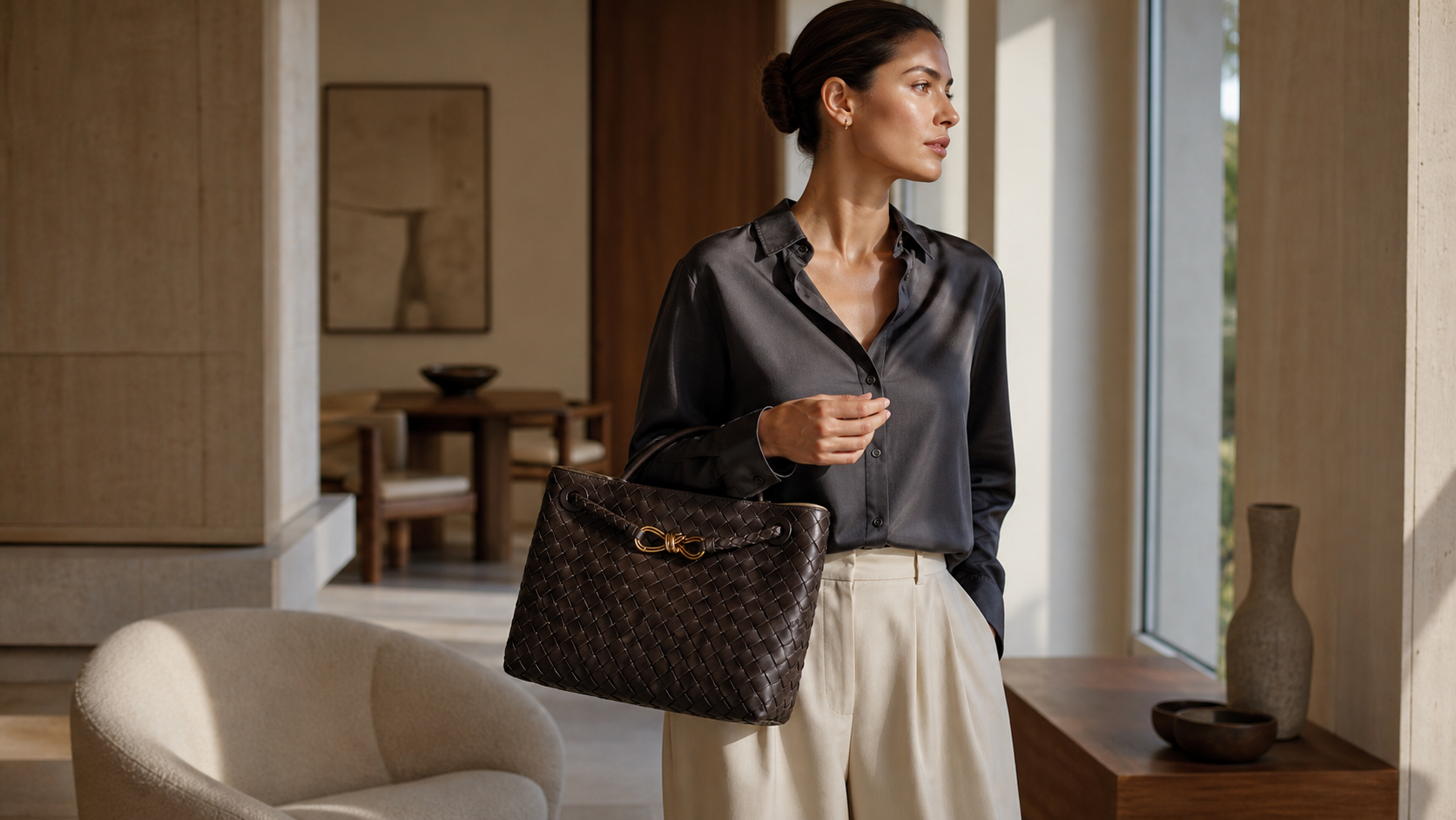 Woman carrying a woven dark handbag with ivory and charcoal clothes
