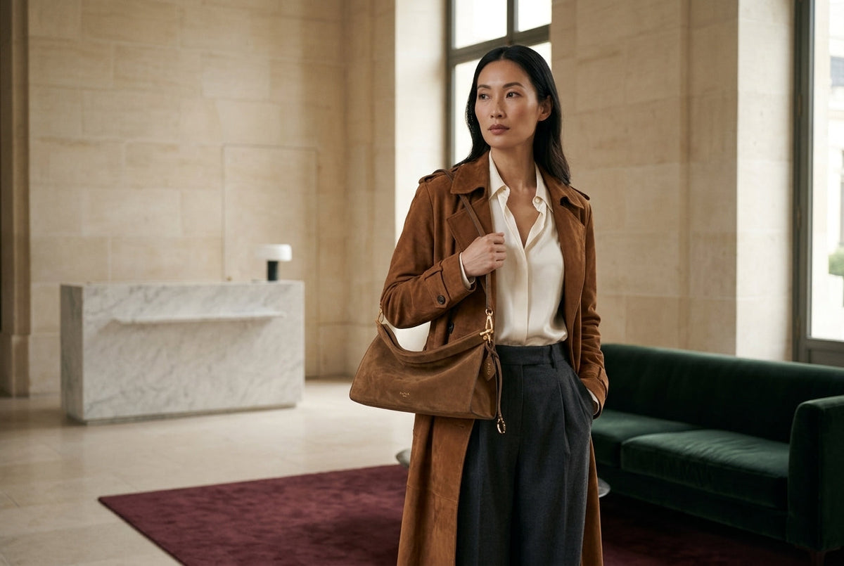 Asian woman wearing Alaia — Le Click East West Medium Calfskin Bag - Brown for Designer Bag Trends 2026: Shape, Scale, and Everyday Use