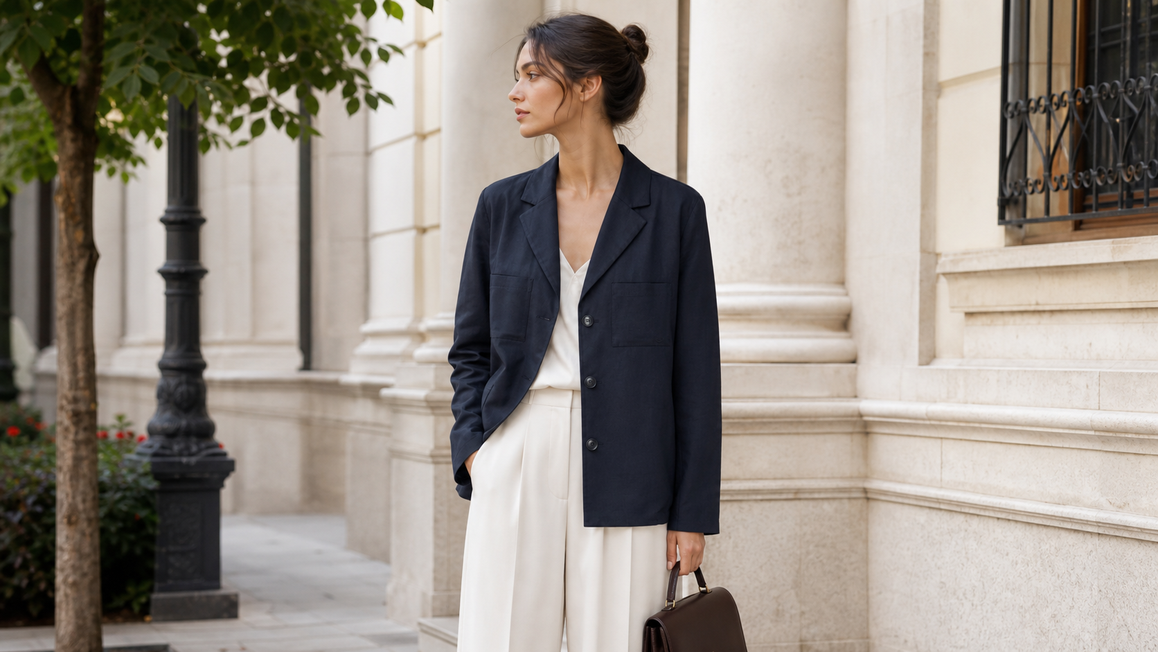 Woman wearing a relaxed blazer in a warm-weather business district