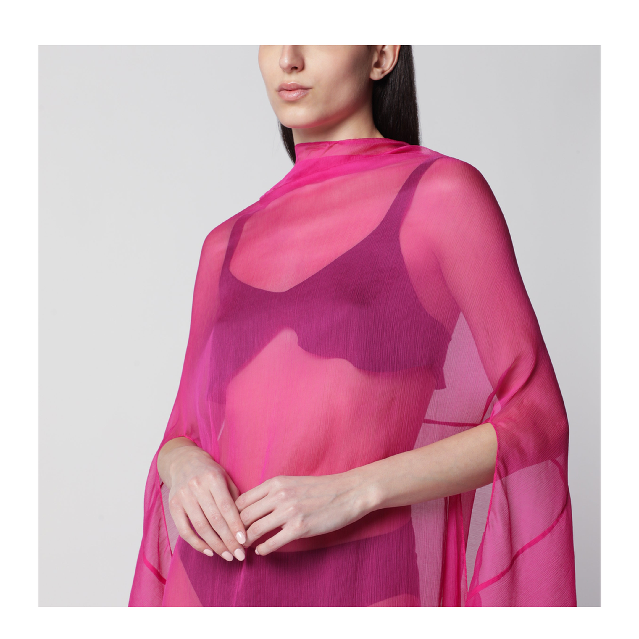 Wide Cape Dress Fuchsia in Sheer Silk