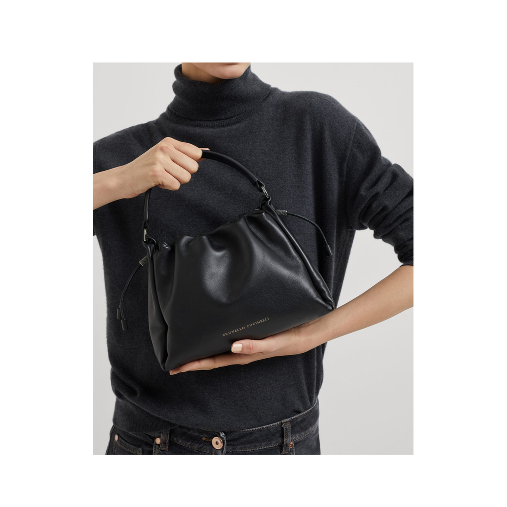 Small Soft Leather Mellow Bucket Bag in Ivory