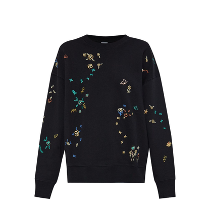 Black Multicoloured Floral Embroidery Crew Neck Long Sleeves Ribbed Cuffs and Hem Relaxed Fit