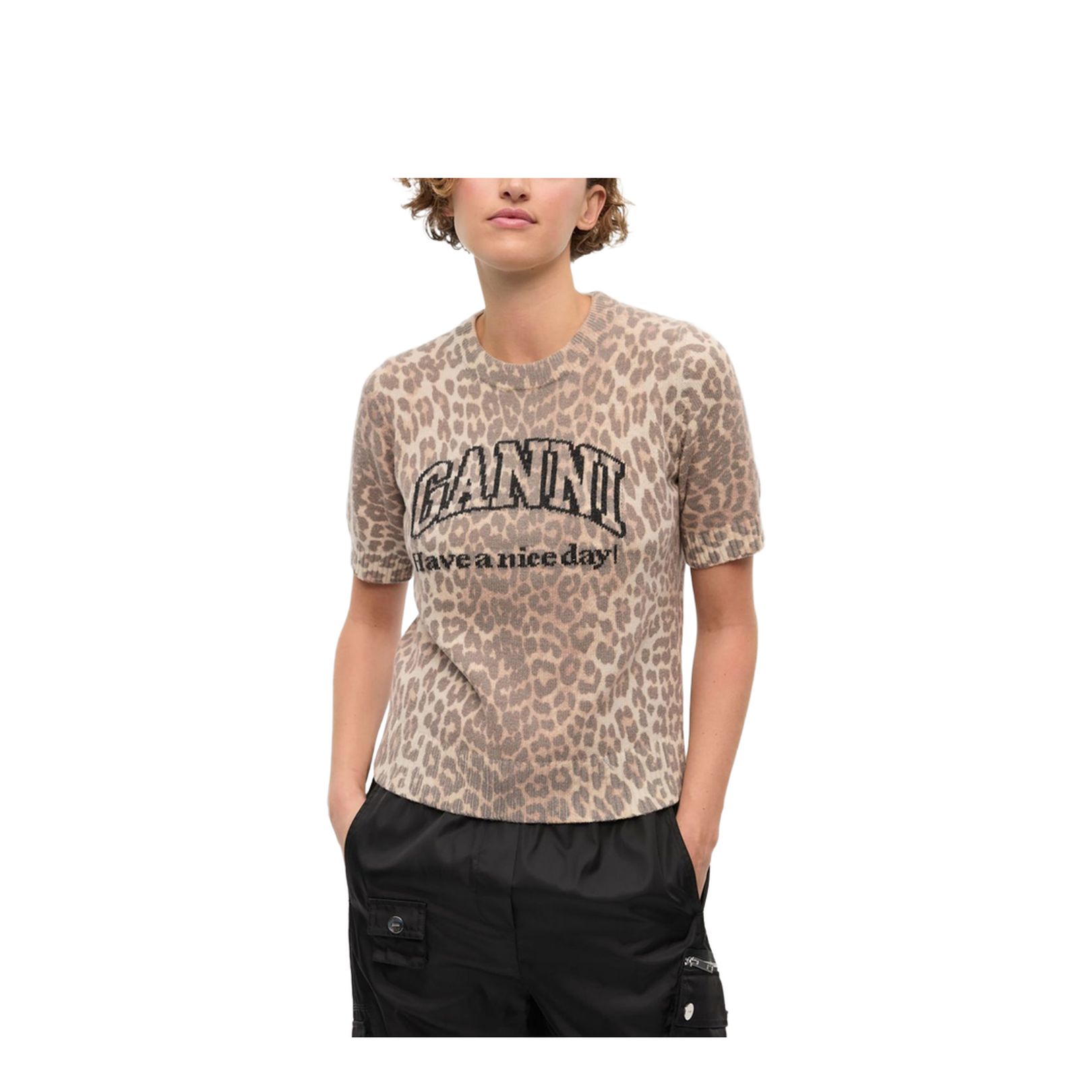 Beige Crew Neck Short Sleeves Leopard Print Ribbed Trim
