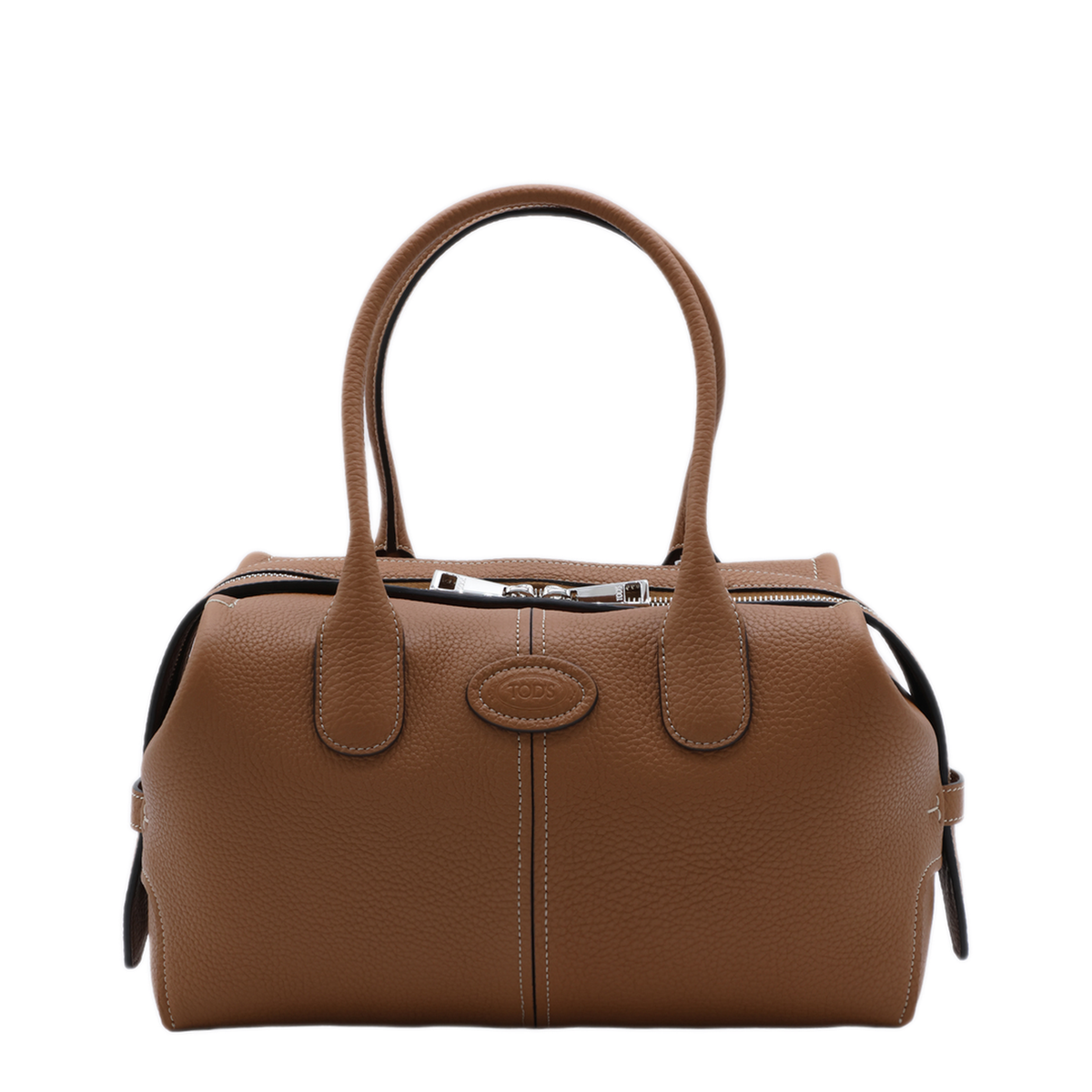 Small Tumbled Calf Leather Boston Bag - Brown