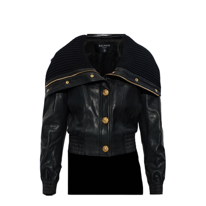 Lambskin and Knit Bomber Jacket Black