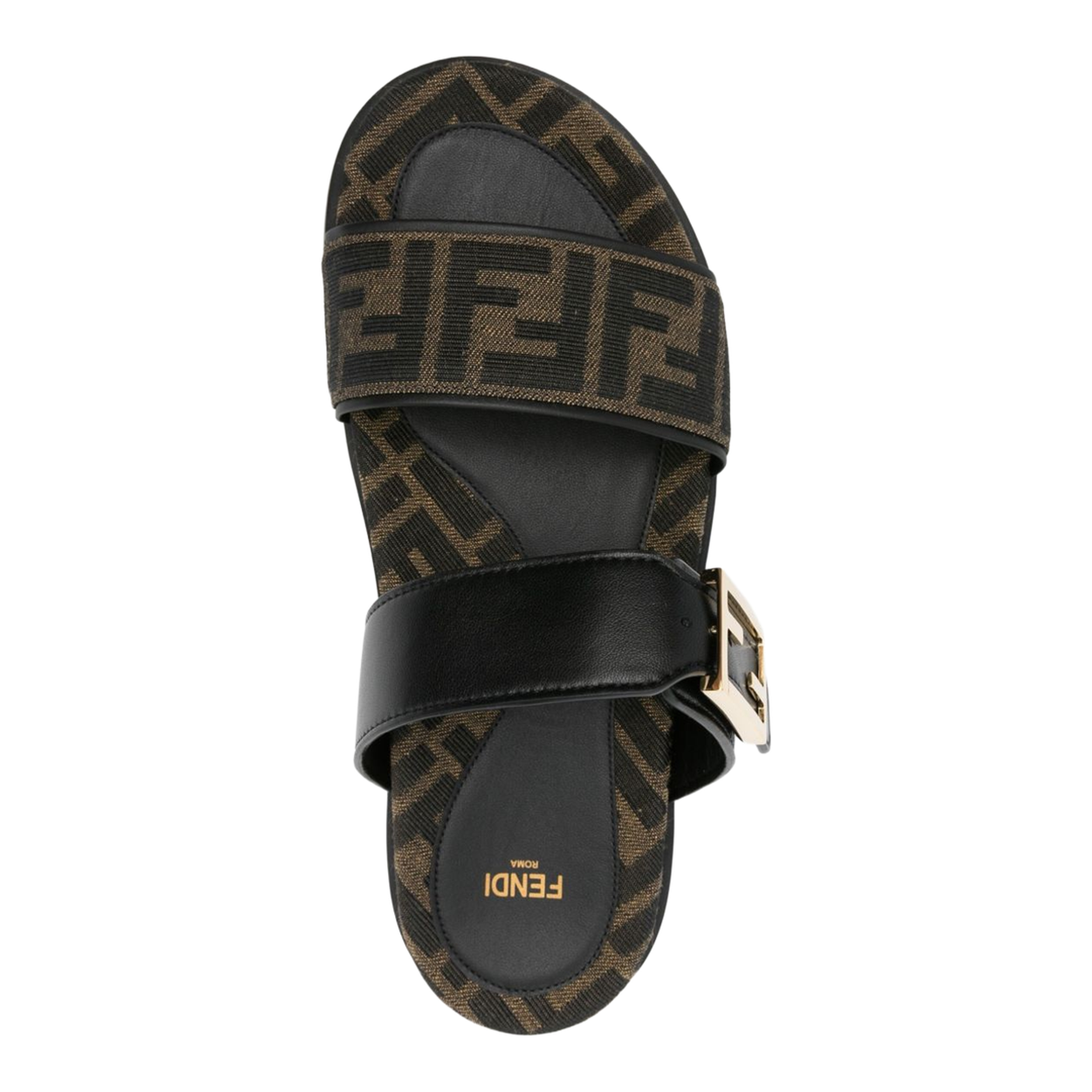 Black FF-Logo Pattern Double Strap Design Buckle Detail Flat Sole Leather Trim