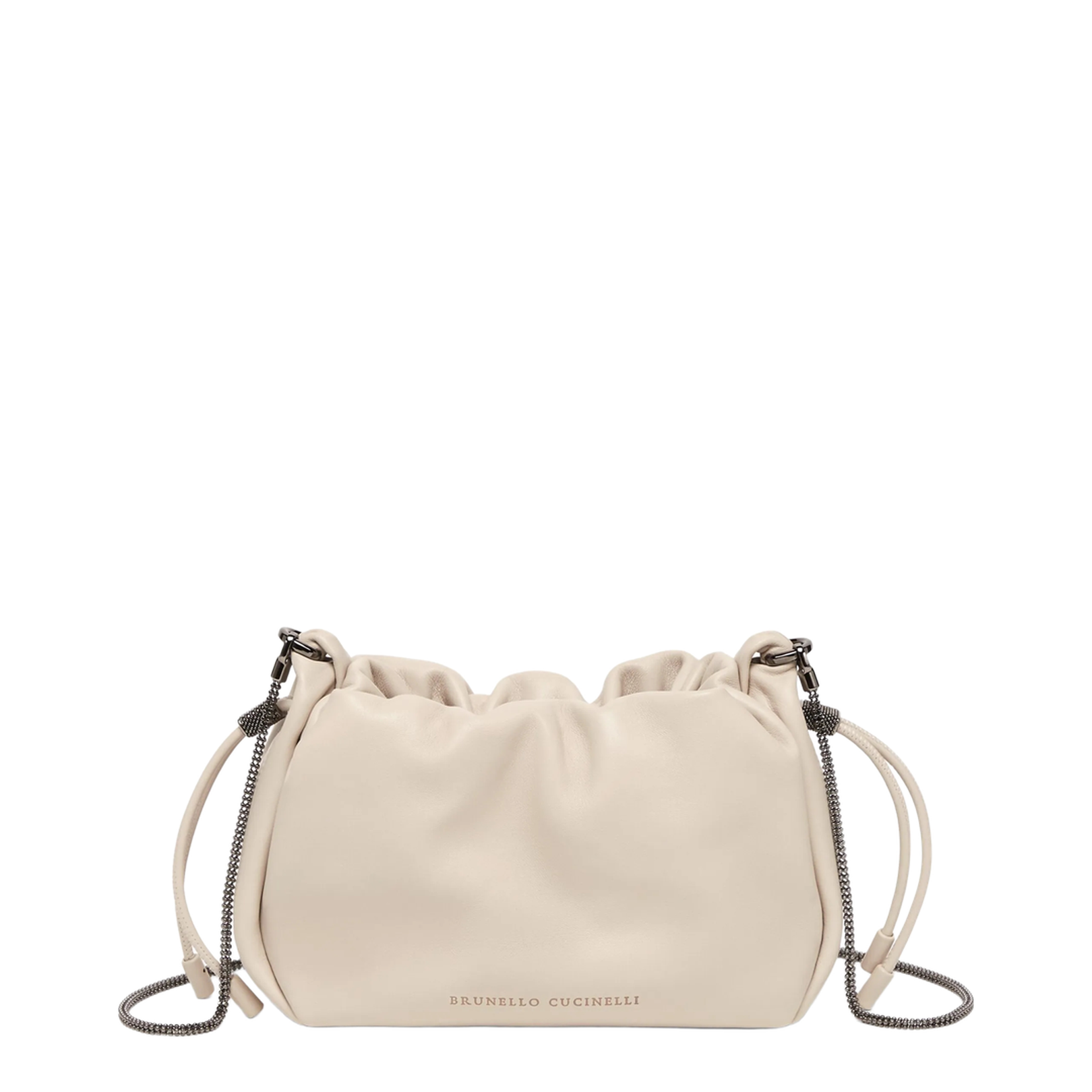 Mellow Beige Crossbody Bag with Drawstring Closure and Chain Shoulder Strap