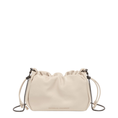 Mellow Beige Crossbody Bag with Drawstring Closure and Chain Shoulder Strap
