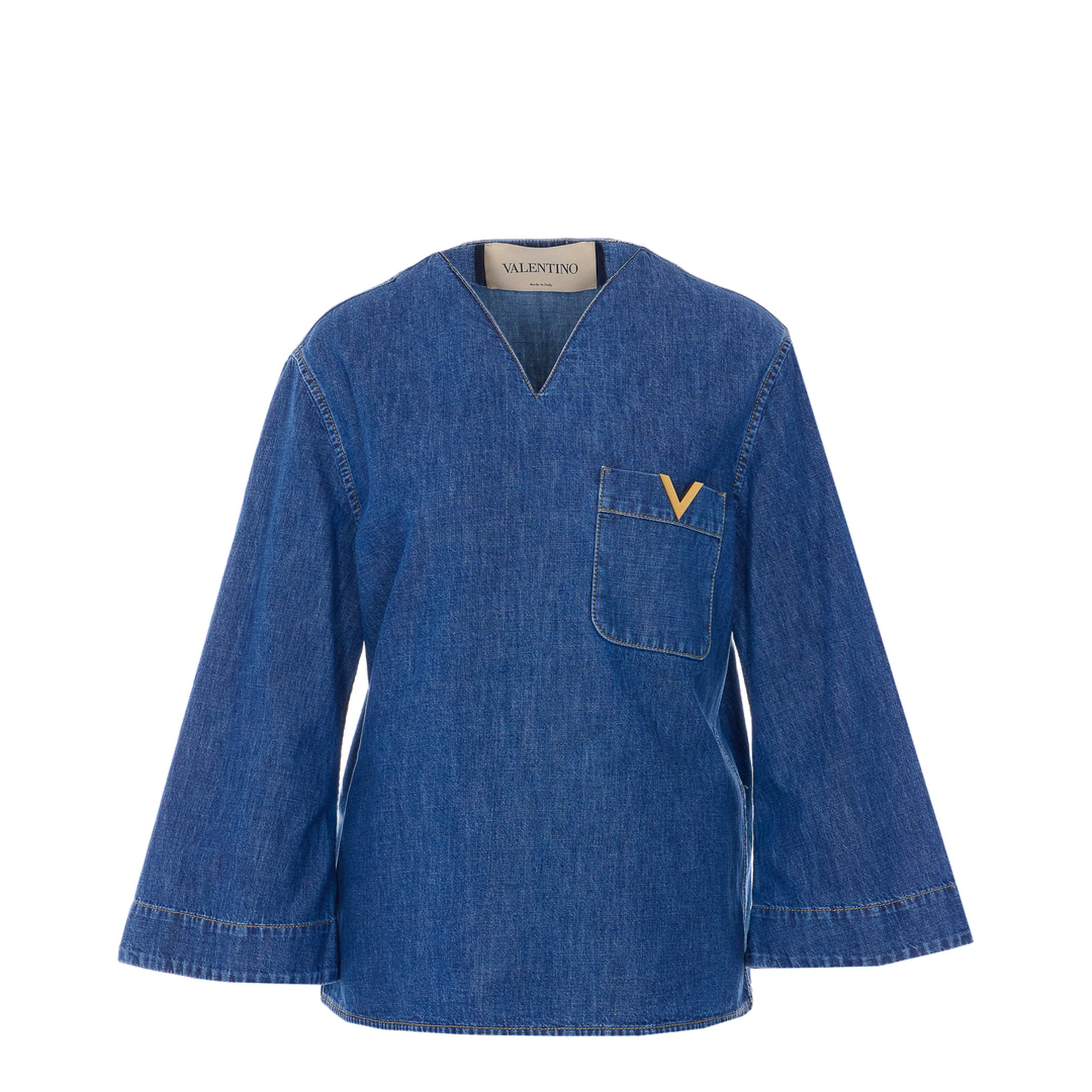 V-Neck Pocket Denim Shirt Blue