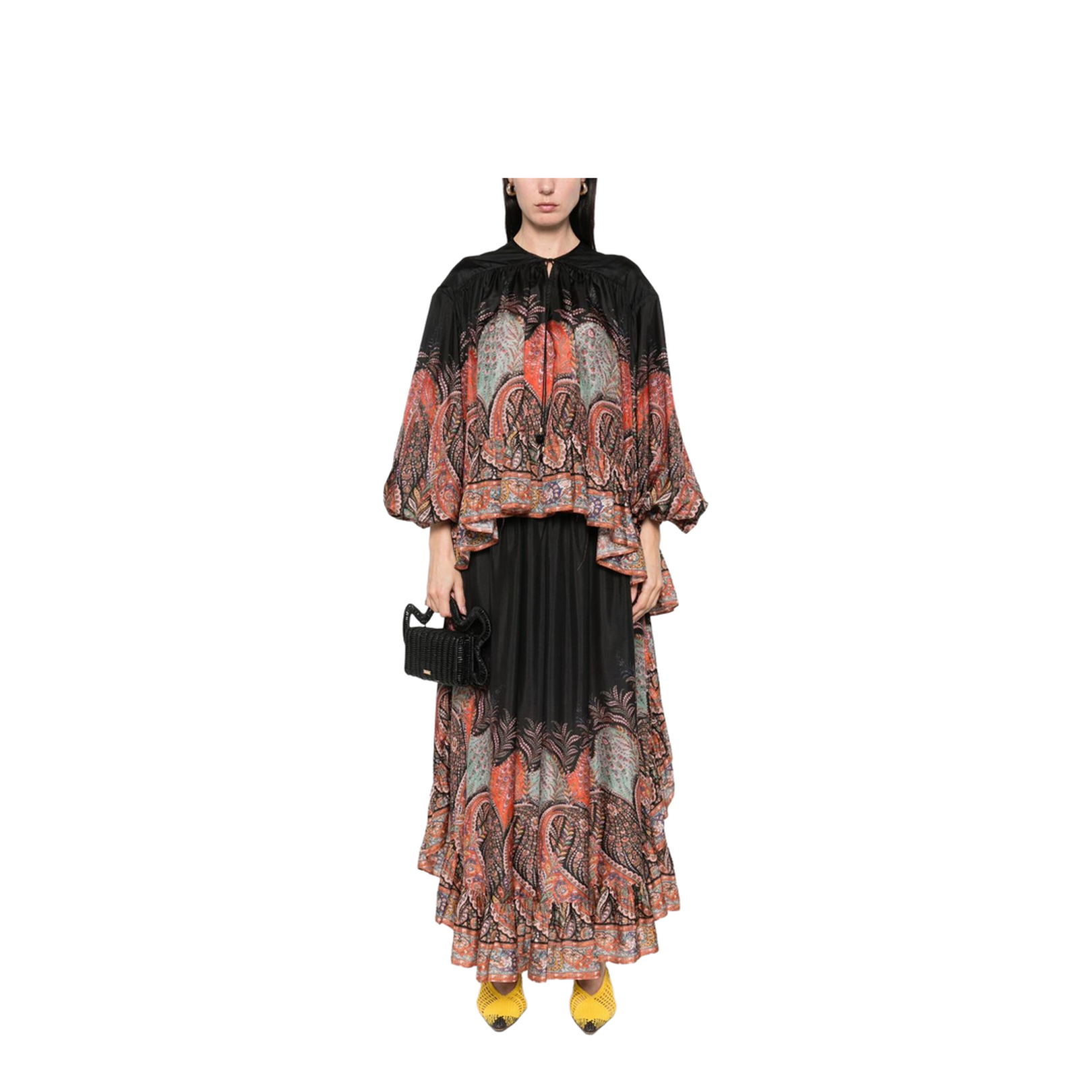 'Rhiannon Ruffle Billow' Silk Blouse In Black Paisley
