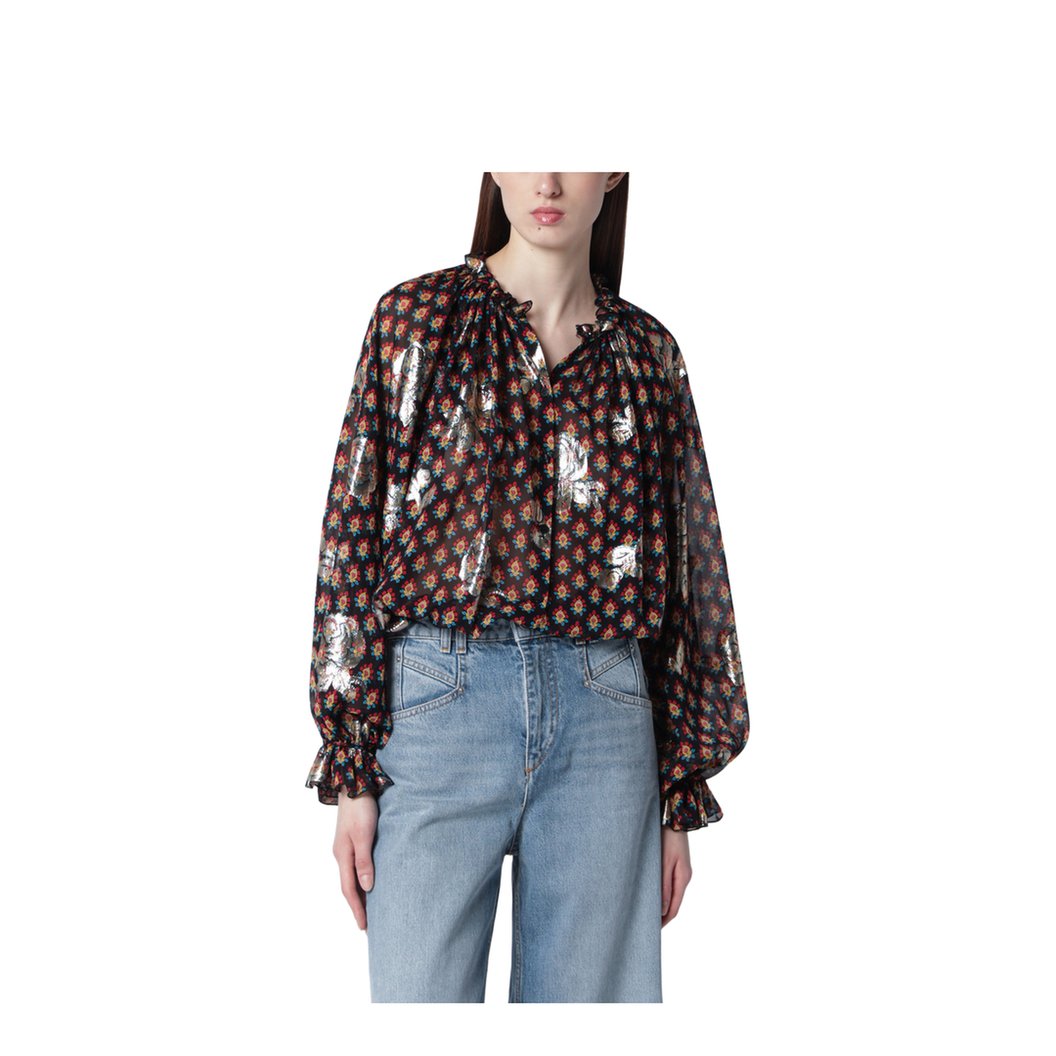 Black Silk Shirt with Fil Coupé Roses