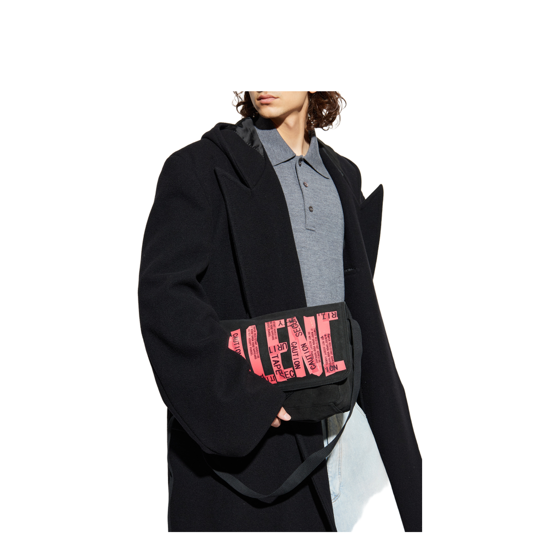 Tape Type Flap Messenger Bag Small in Black/red