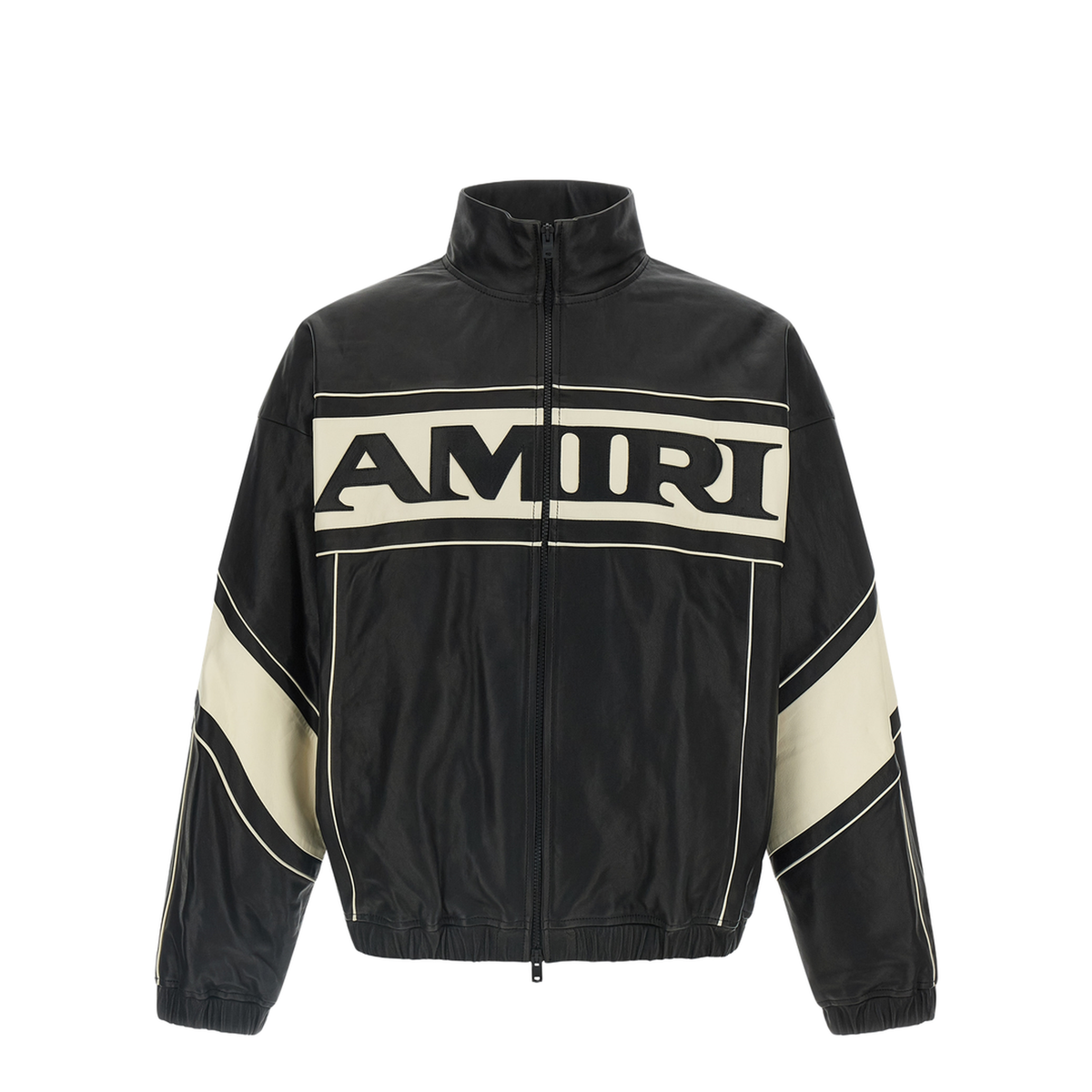 Black Jacket With High Neck And Maxi Logo Lettering On The Front And Back In Leather