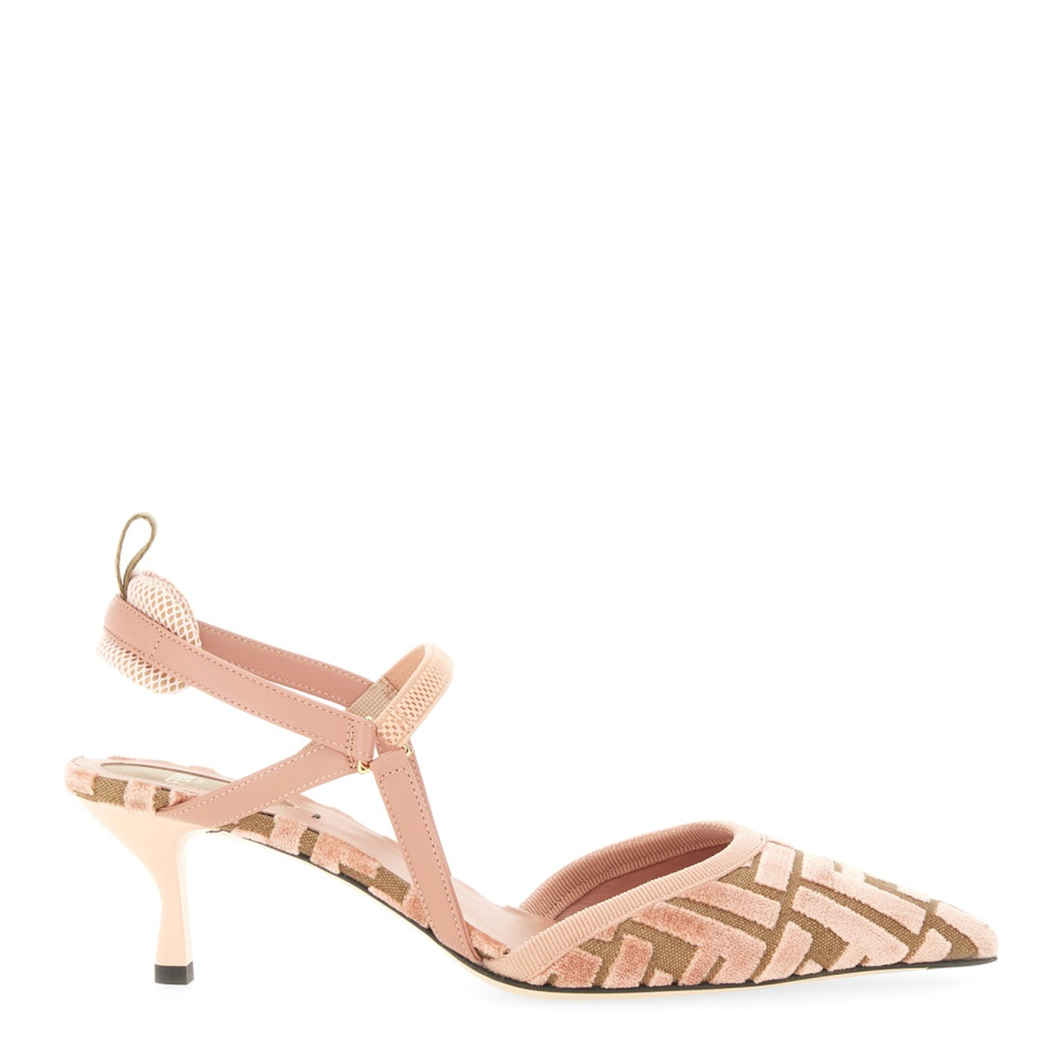 Pink Leather FF-Pattern Slingback Strap Pointed Toe Kitten Heel