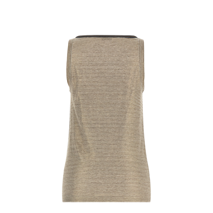 Linen Striped Crew Neck Top with Contrasting Trim and Necklace