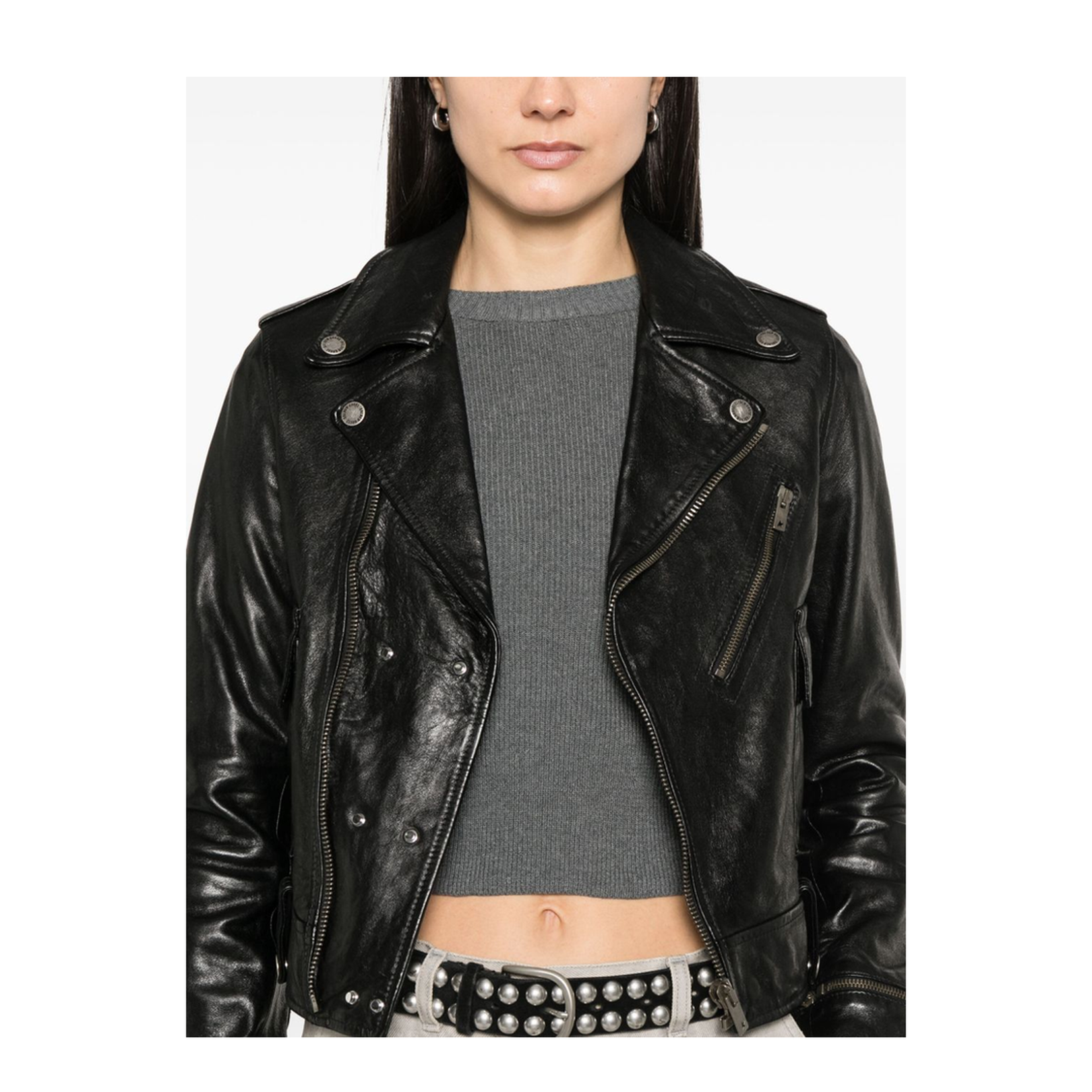 Shiny Black Sheepskin Biker Jacket