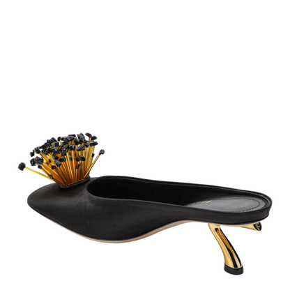 Black Mules with Sculptural Heel and Crystal Flower