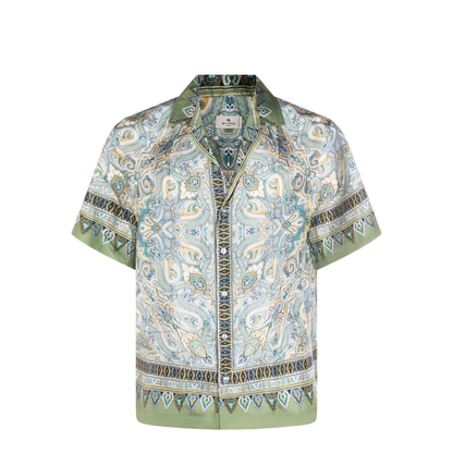 Placed Pocket-Square Silk Bowling Shirt Green