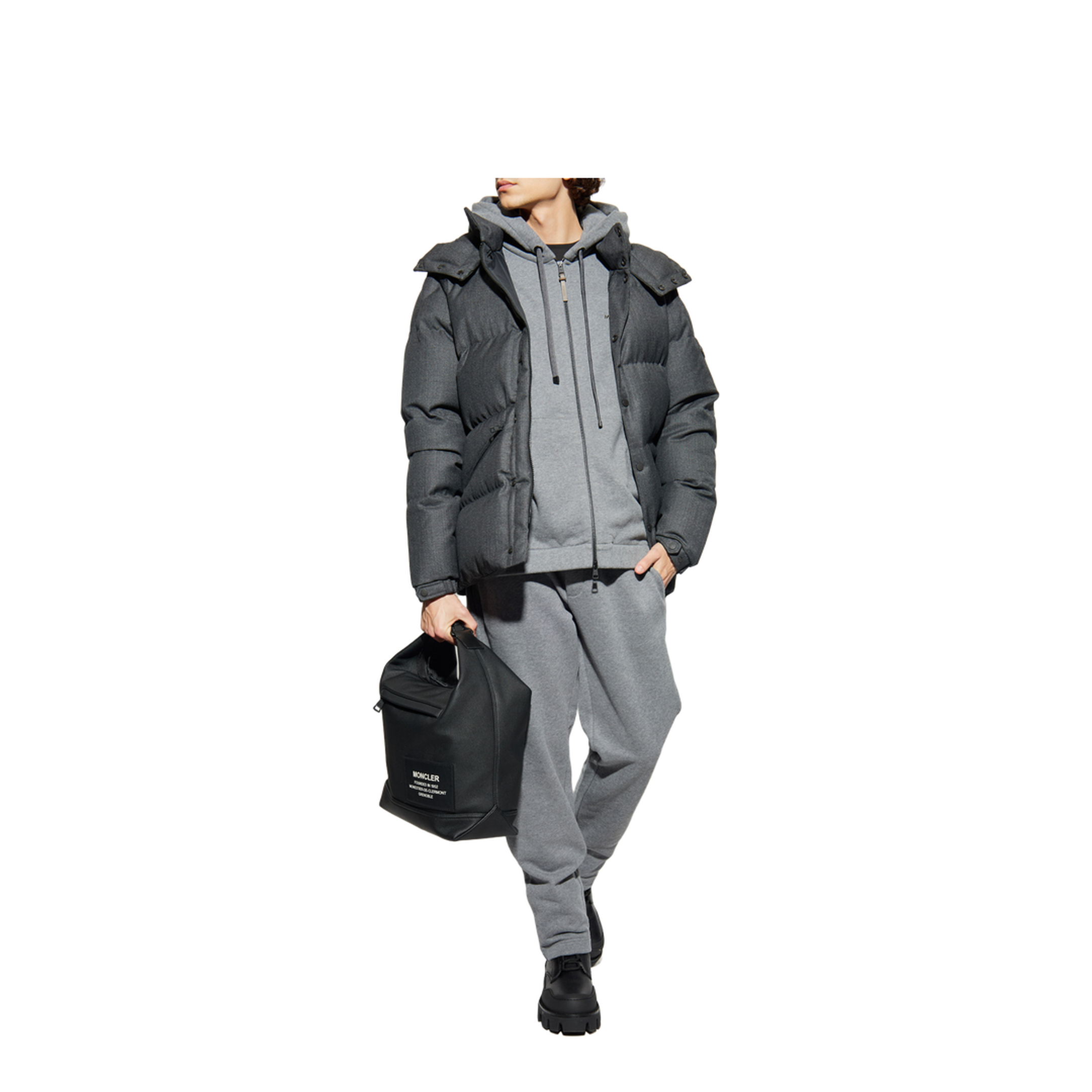 Dark Gray Leather Logo Cotton Blend Zip-Up Hoodie