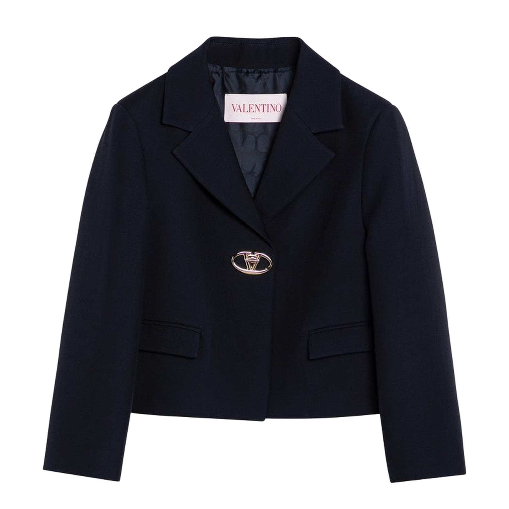 Single-Breasted Navy Wool Crop Jacket