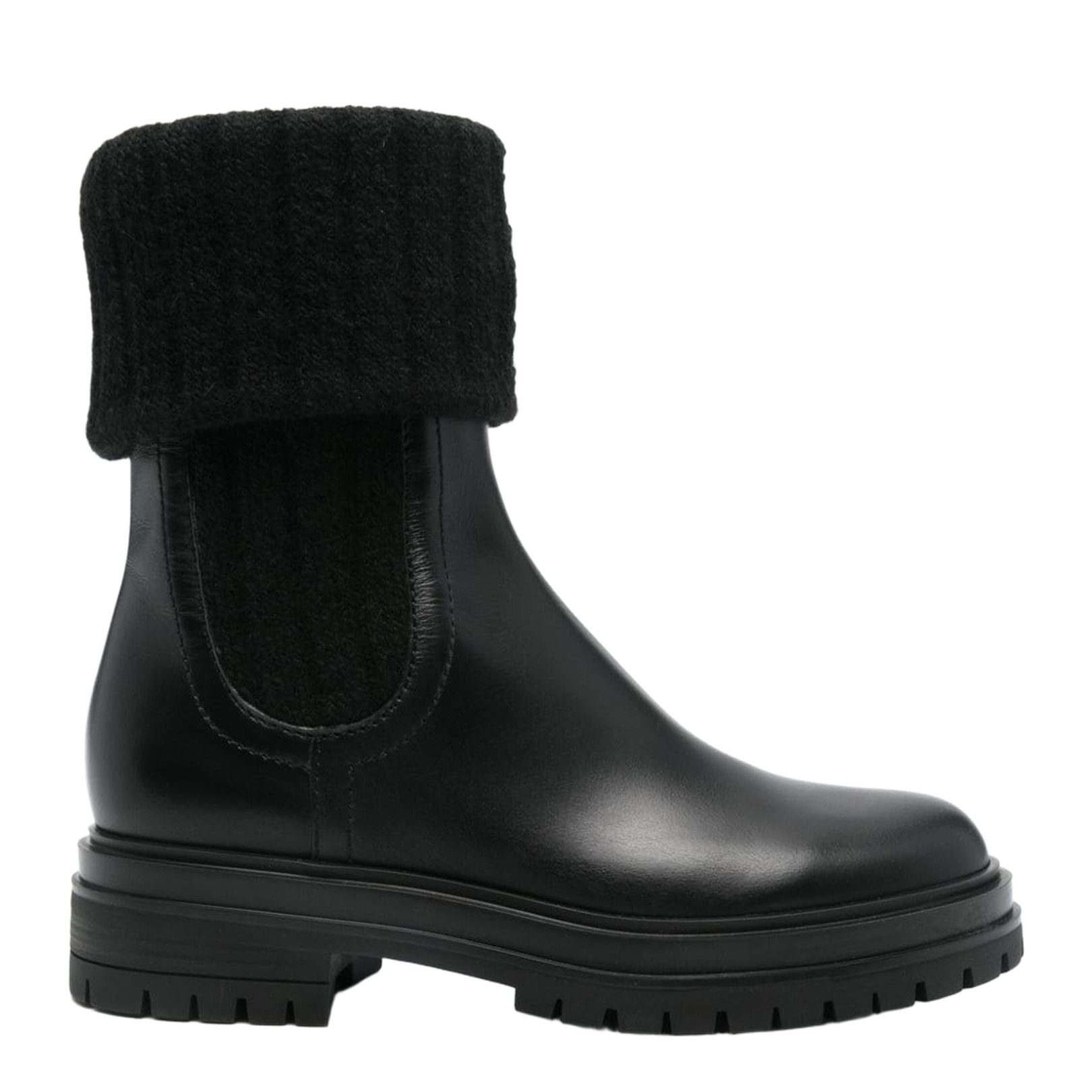 Black Leather Chelsea Boots with Ribbed Knit Detailing