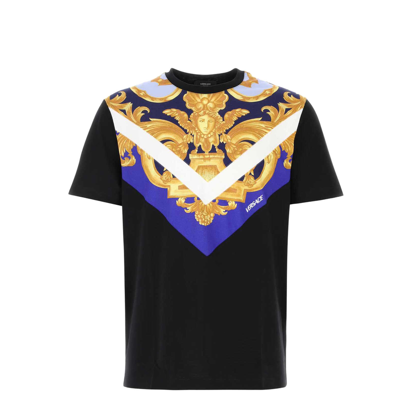 Black T-Shirt with Baroque Print on the Front and Back in Cotton