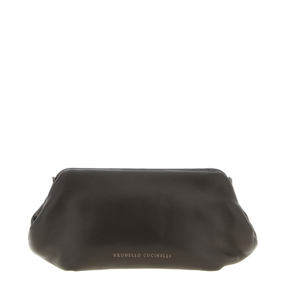 Leather Bag with Fixed Snap Closure and Monile Chain Detail