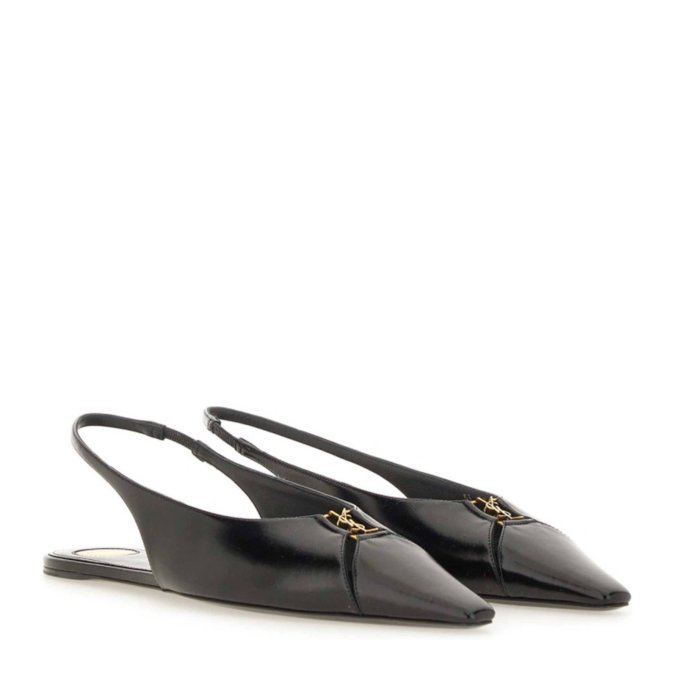 Black Leather Pointed Toe Slingback Strap Flat Sole
