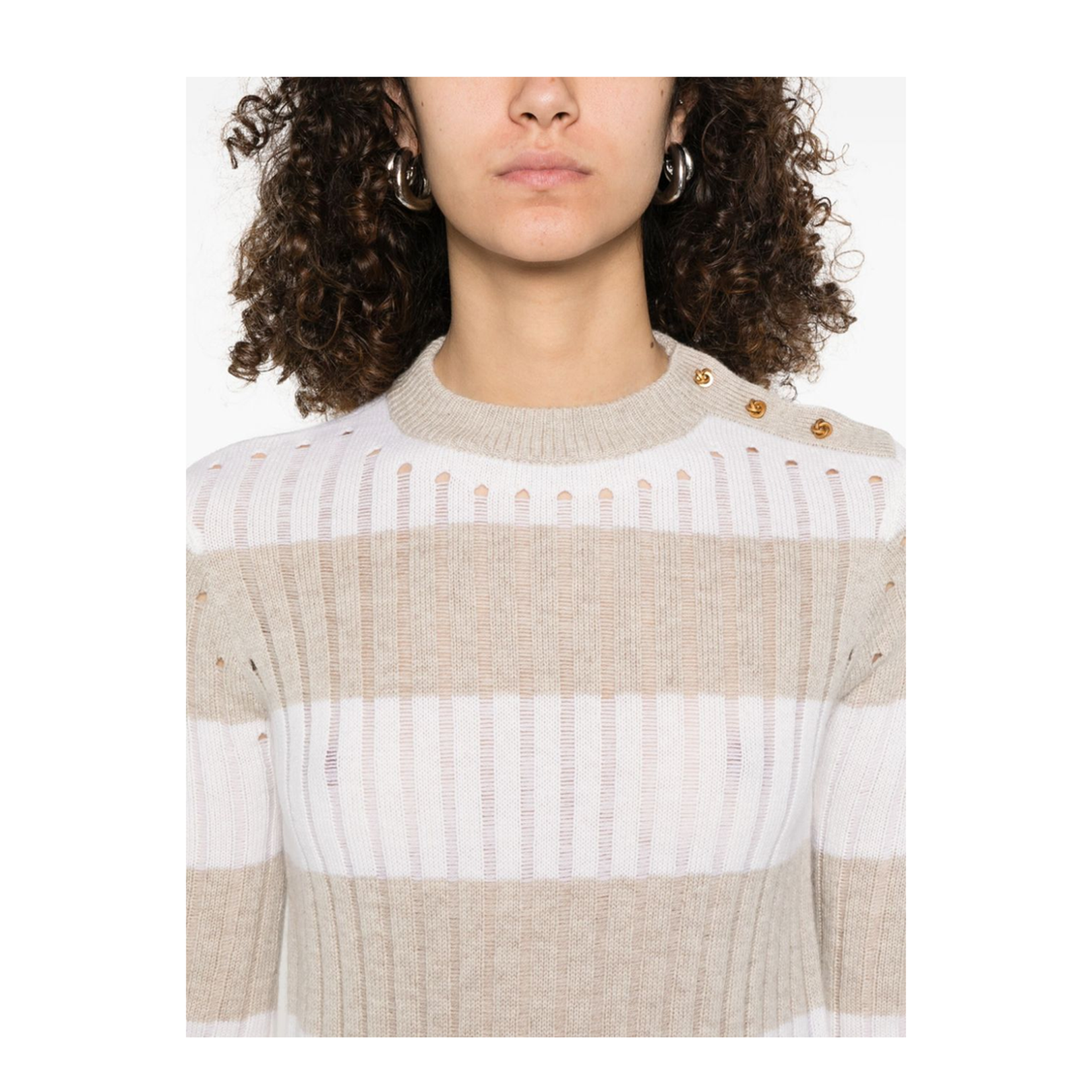 Beige Horizontal Stripe Pattern Crew Neck Long Sleeves Sweater