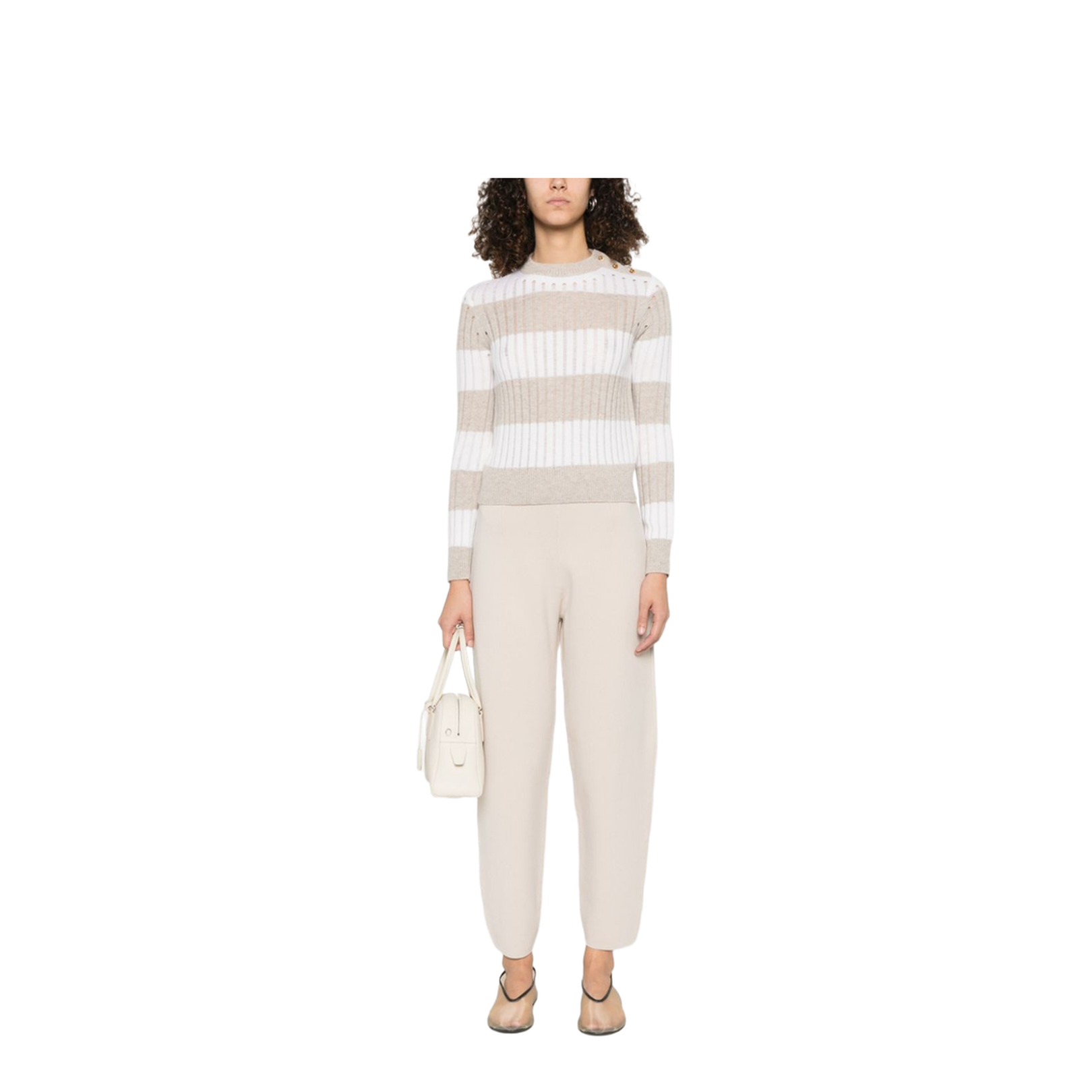 Beige Horizontal Stripe Pattern Crew Neck Long Sleeves Sweater