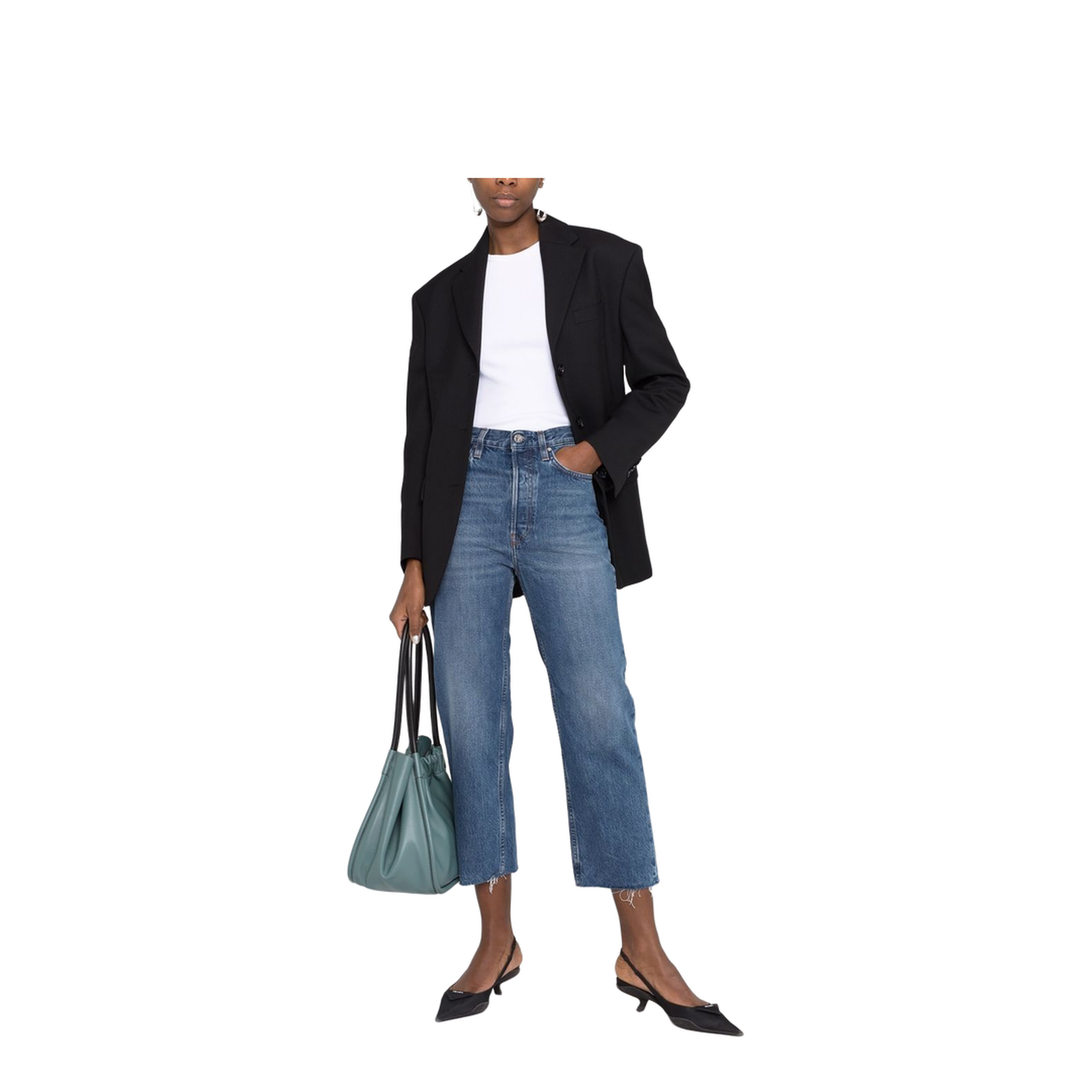 Blue Cotton Cropped Straight-Leg Jeans