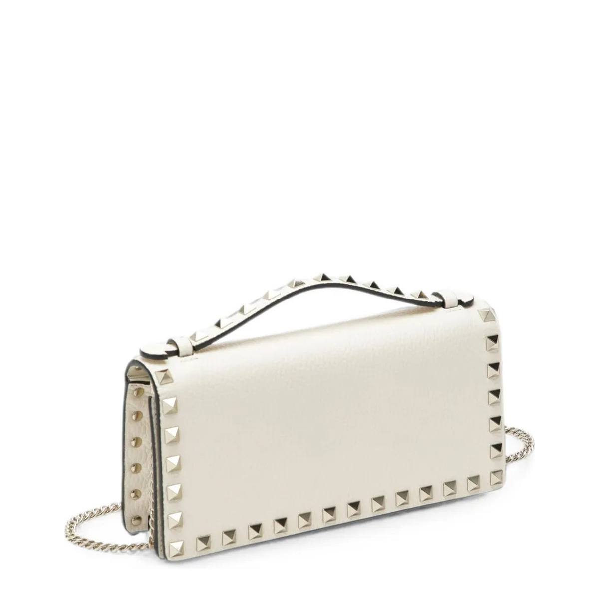 Rockstud Grainy Calfskin Wallet On Chain - Light Ivory
